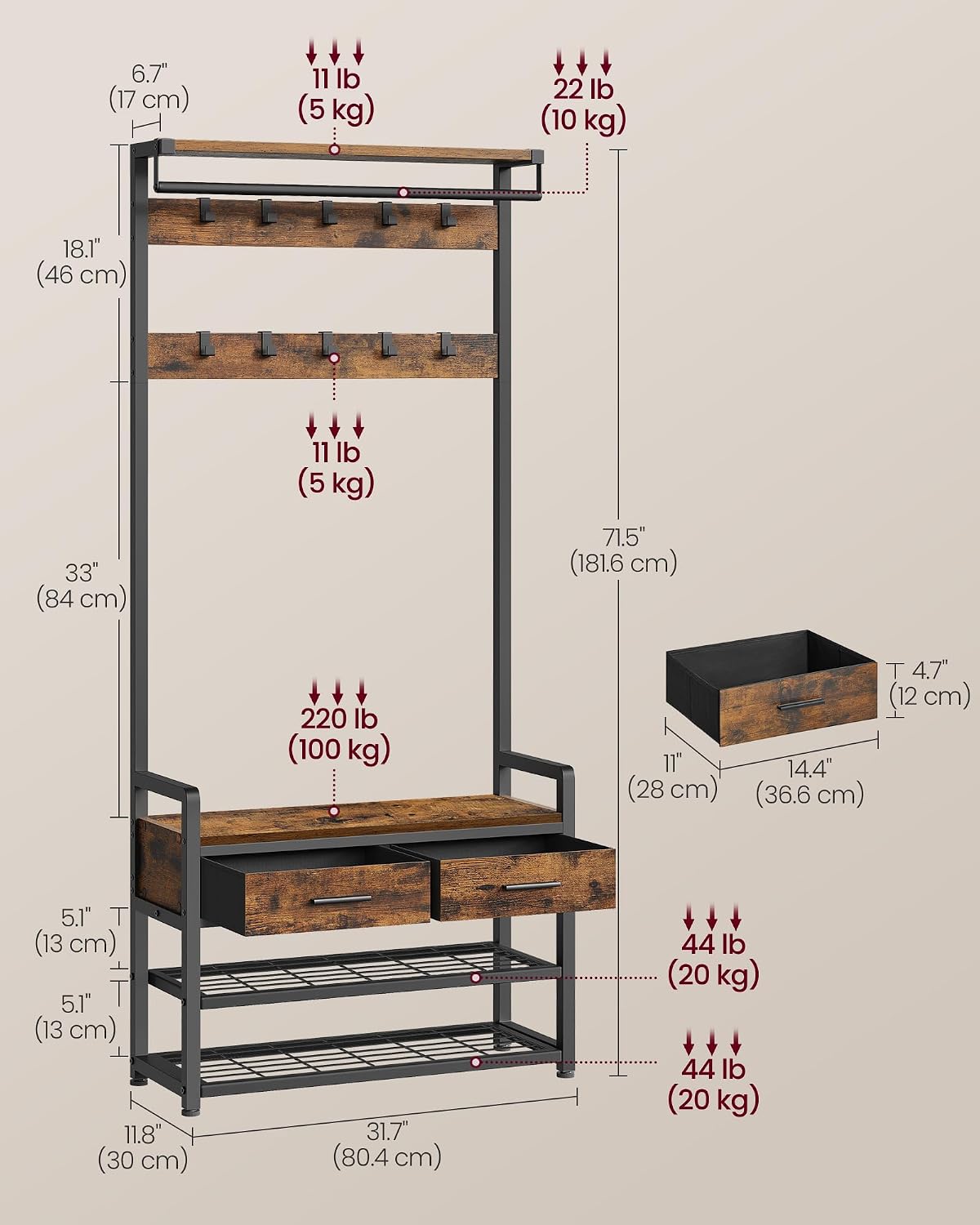 Detalle 2 de VASAGLE UHSR429B01 Hall Tree with Bench, 10 Hooks and Fabric Drawers