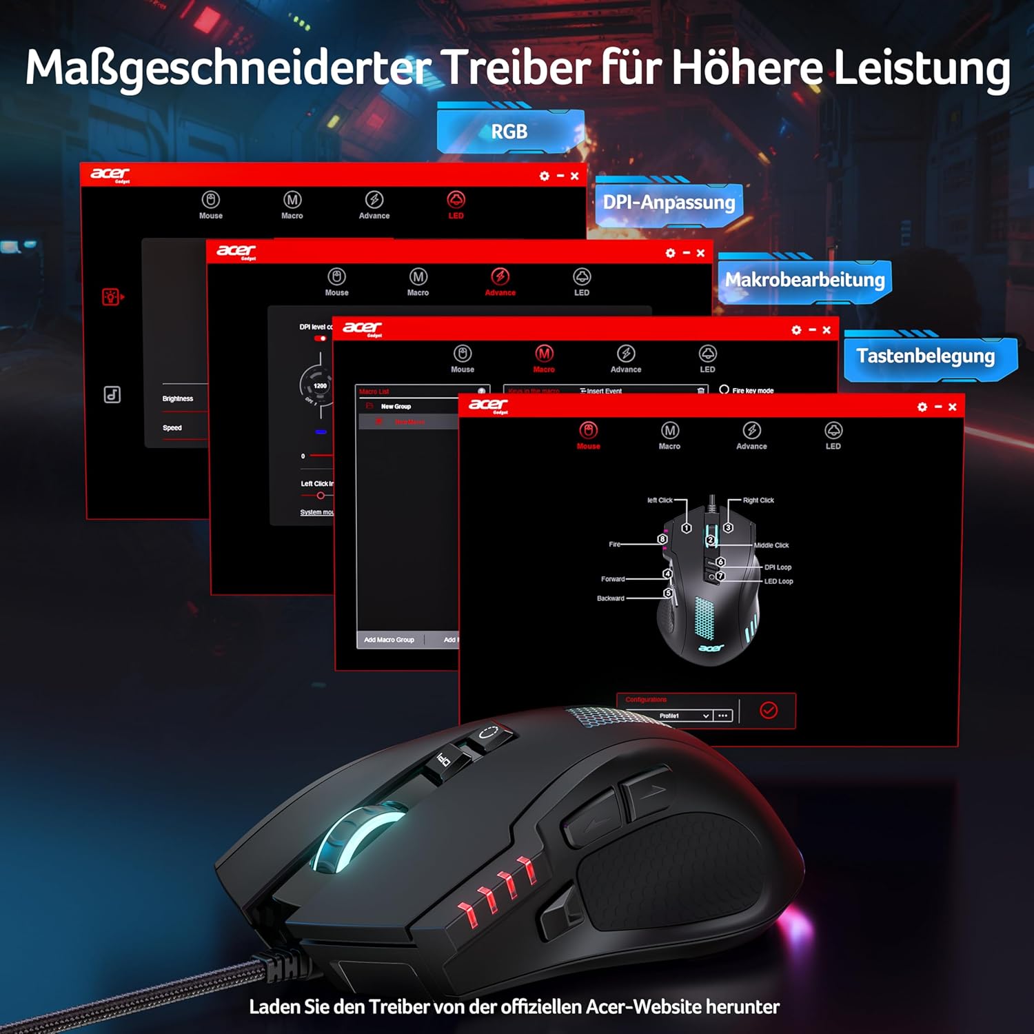 Thumbnail 5 de Acer Gaming Maus mit Kabel (12800 DPI) – 8 programmierbare Tasten, 1000 Hz & RGB