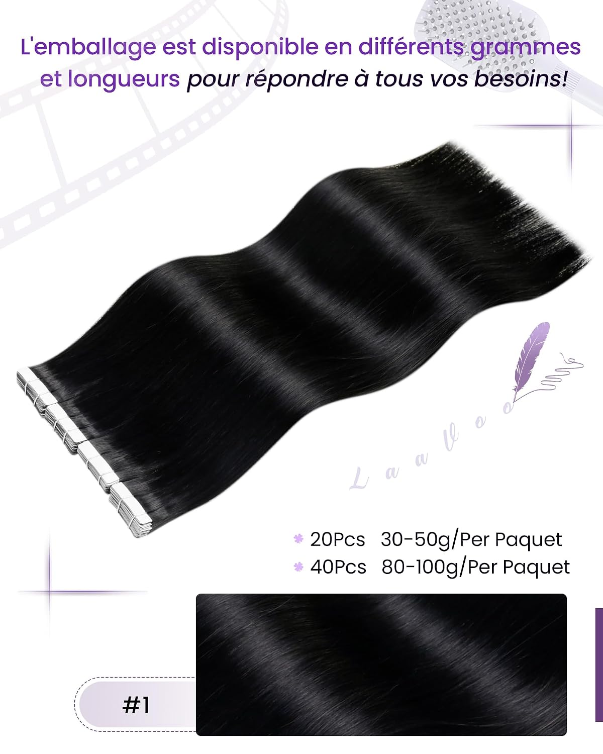 Thumbnail 2 de LaaVoo Tape-in Echthaar Extensions 45 cm Schwarz – 20 Stück, 50 g