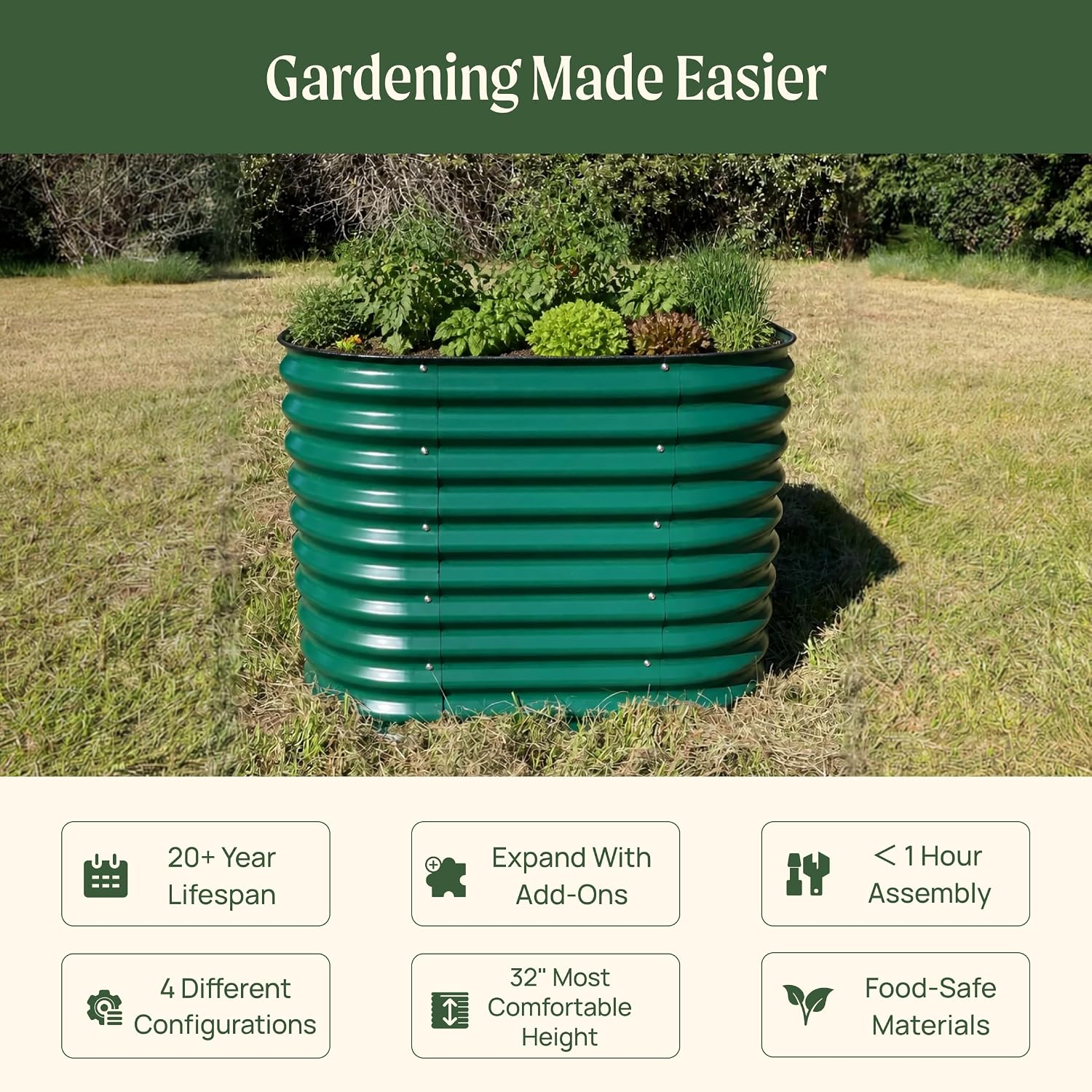 Detalle 2 de Vego Garden 32" Extra Tall 4-in-1 Modular Metal Raised Bed, Pearl White