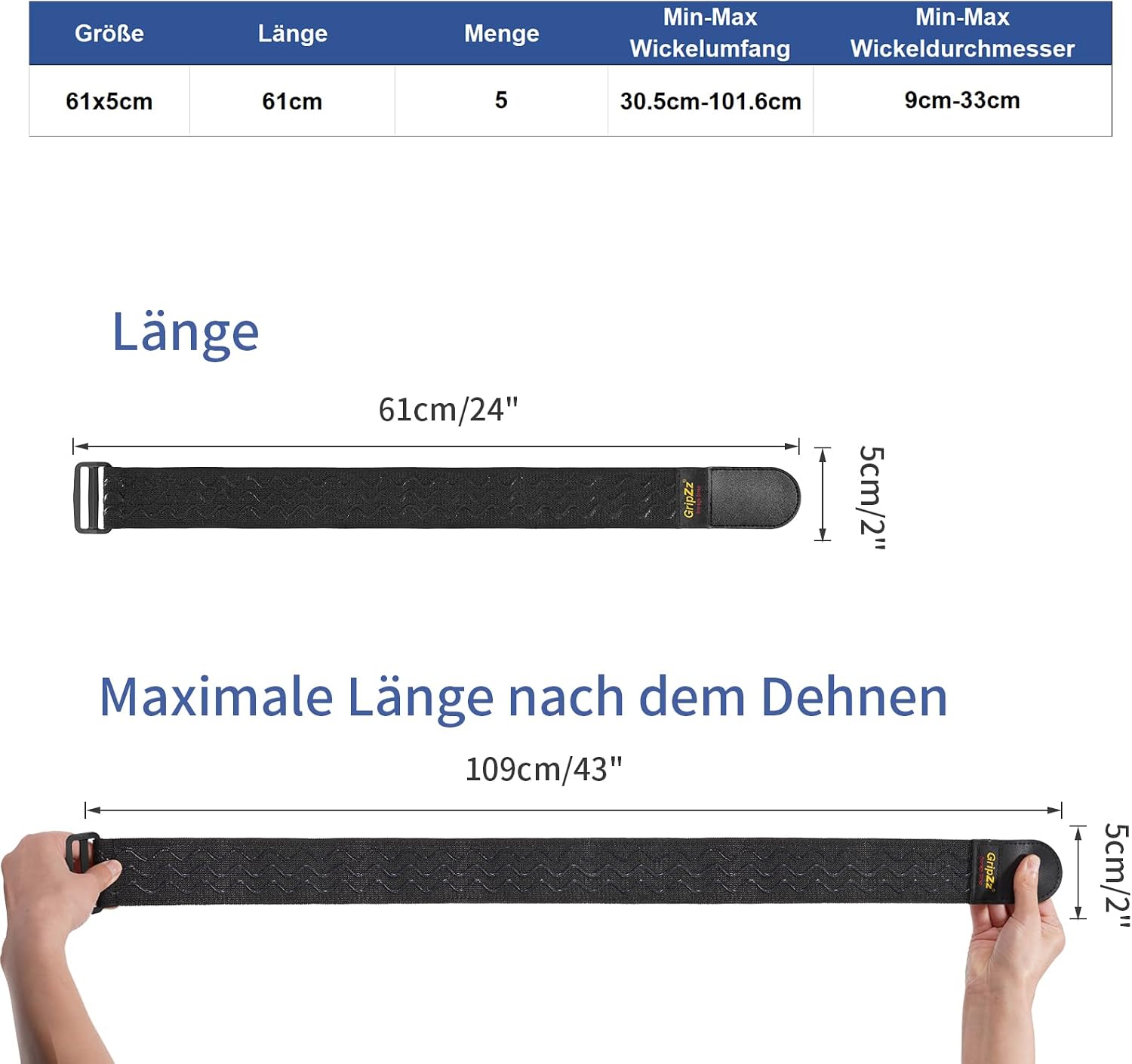 Detalle 2 de GripZz Gurtbänder (61 cm x 5 cm) mit Klett und Schnalle – elastische Klettverschlüsse, 5er-Set