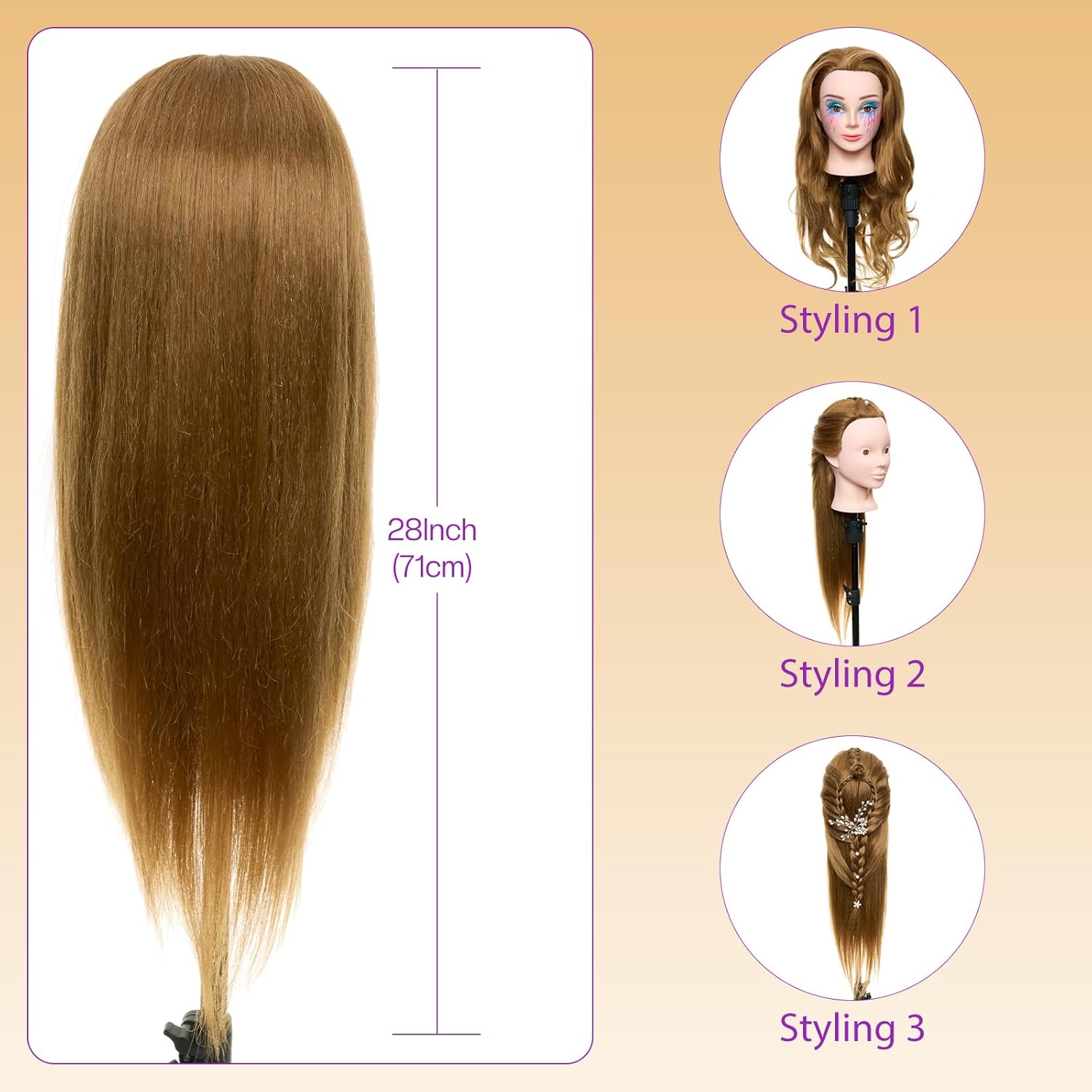 Thumbnail 6 de Mannequin Head with 80% Real Human Hair + Tripod Stand for Hair Styling and Training