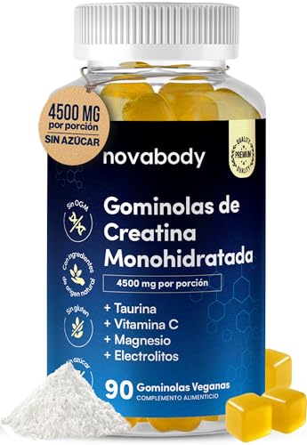 Gominolas de Creatina Monohidrato 4500 mg – Novabody, con Taurina, Magnesio y Vitamina C, 90 gummies (Veganas, Sin Azúcar)