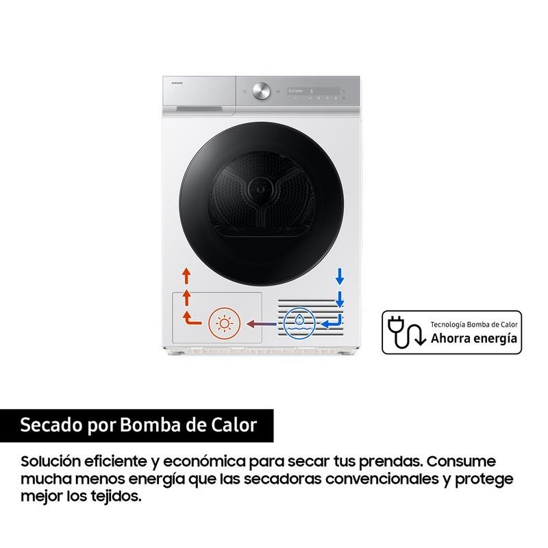 Detalle de Samsung DV90DB8845GHU3: Secadora de bomba de calor de 9 kg con IA y Wi‑Fi