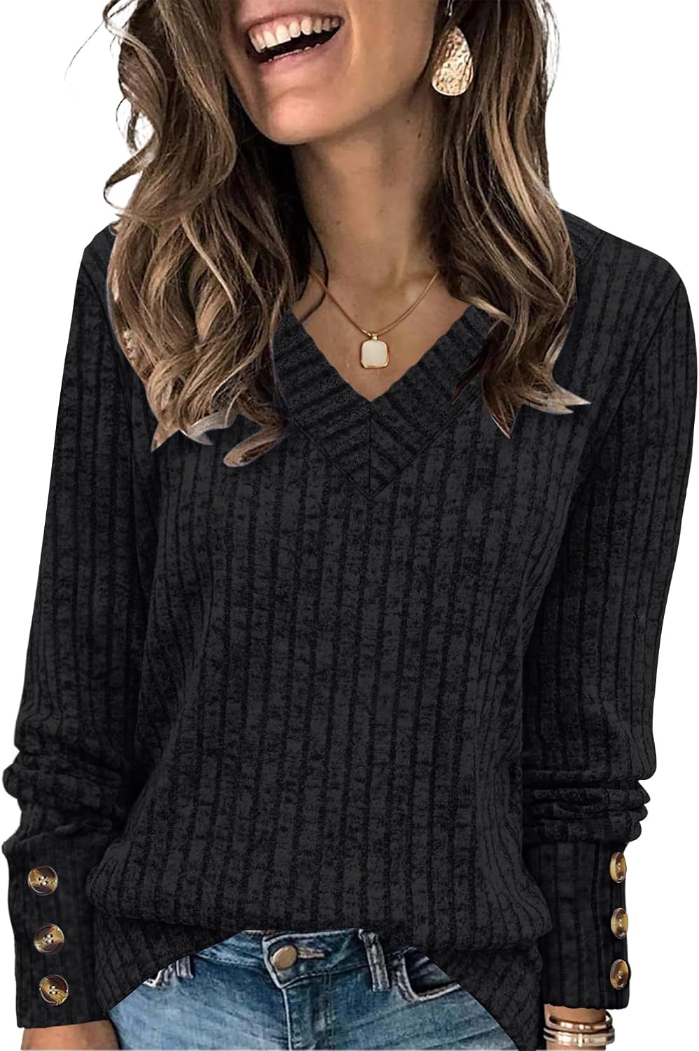 Detalle 2 de WIHOLL Women’s V-Neck Long Sleeve Jumper Top with Button Cuffs (Lightweight Sweatshirt)