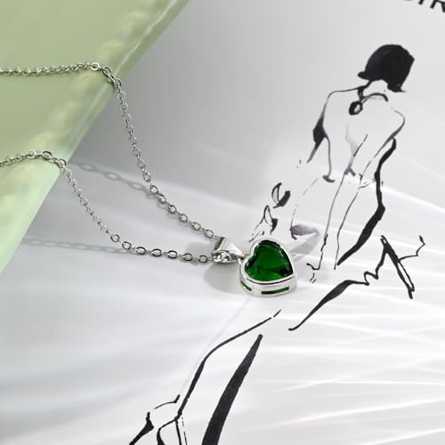 Detalle de Heart Pendant Necklace for Women with Green Emerald Crystal – May Birthstone, Silver Plated Chain by Aliyoham