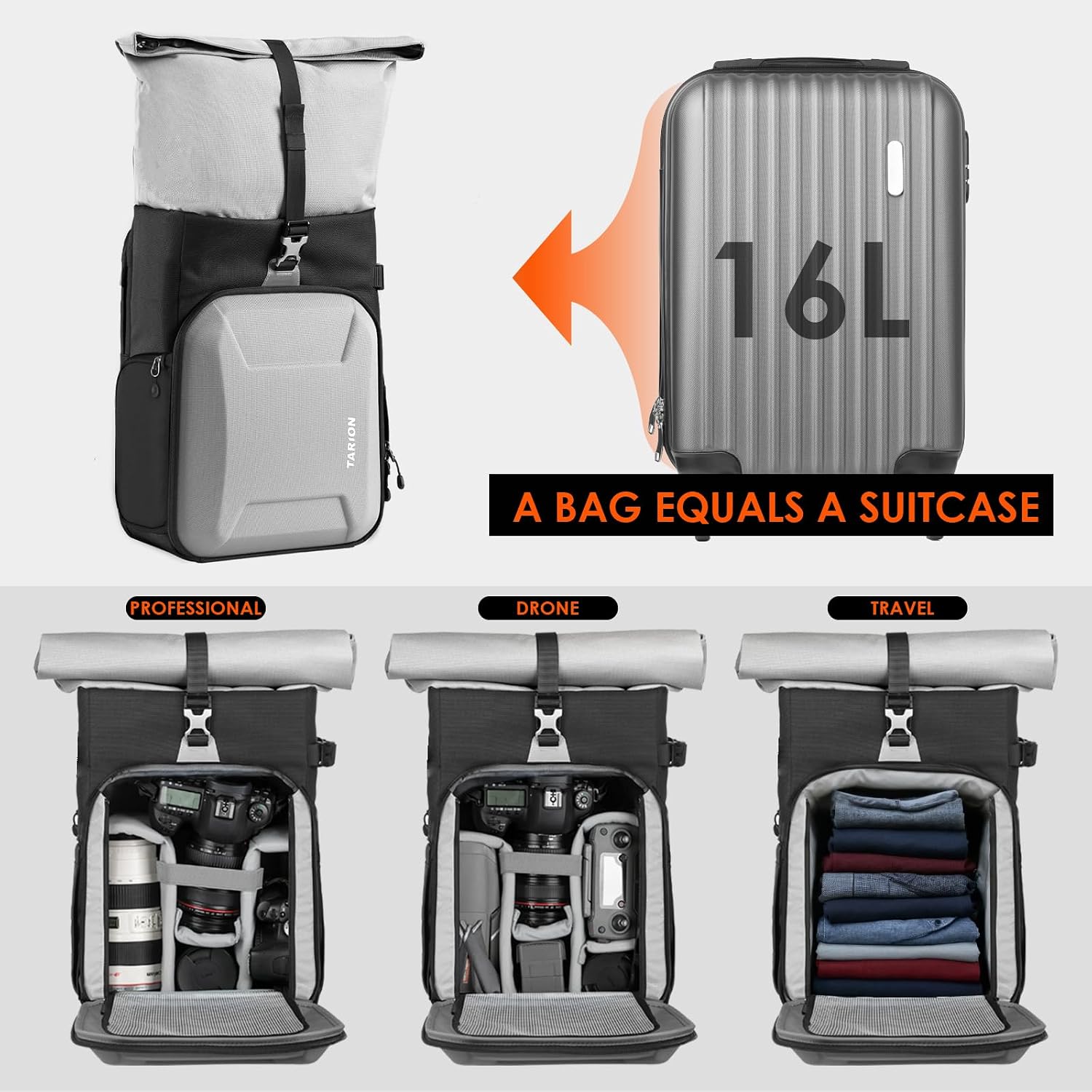 Thumbnail 1 de TARION Rolltop Camera Backpack with Hardshell – Expandable Large Camera Bag with 16 Inch Laptop Compartment & Side Access (Grey)