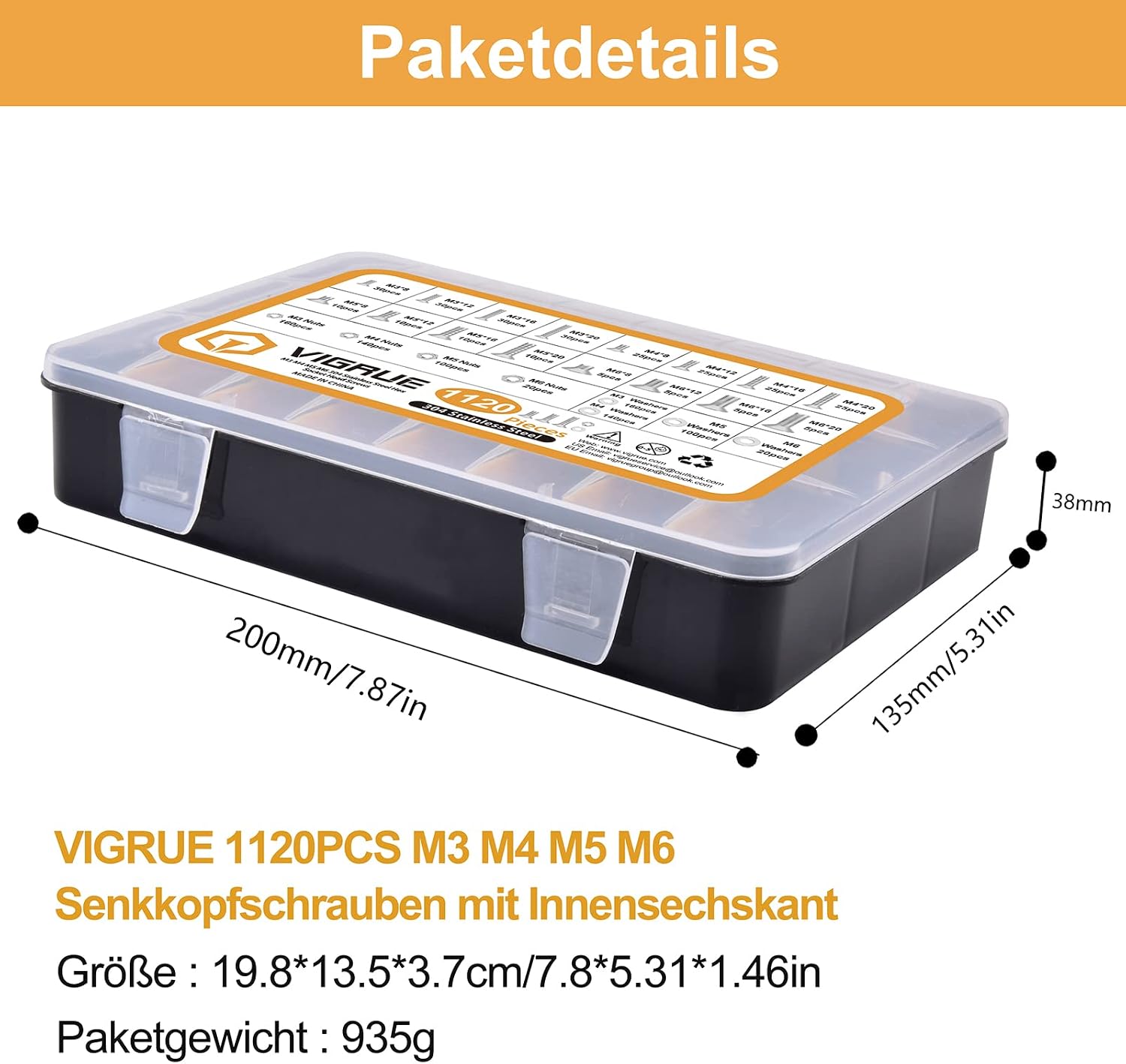 Thumbnail 6 de VIGRUE 1120PCS M3–M6 Senkkopfschrauben, Innensechskant, A2-70 Edelstahl, Inklusive Muttern, Unterlegscheiben & Aufbewahrungsbox
