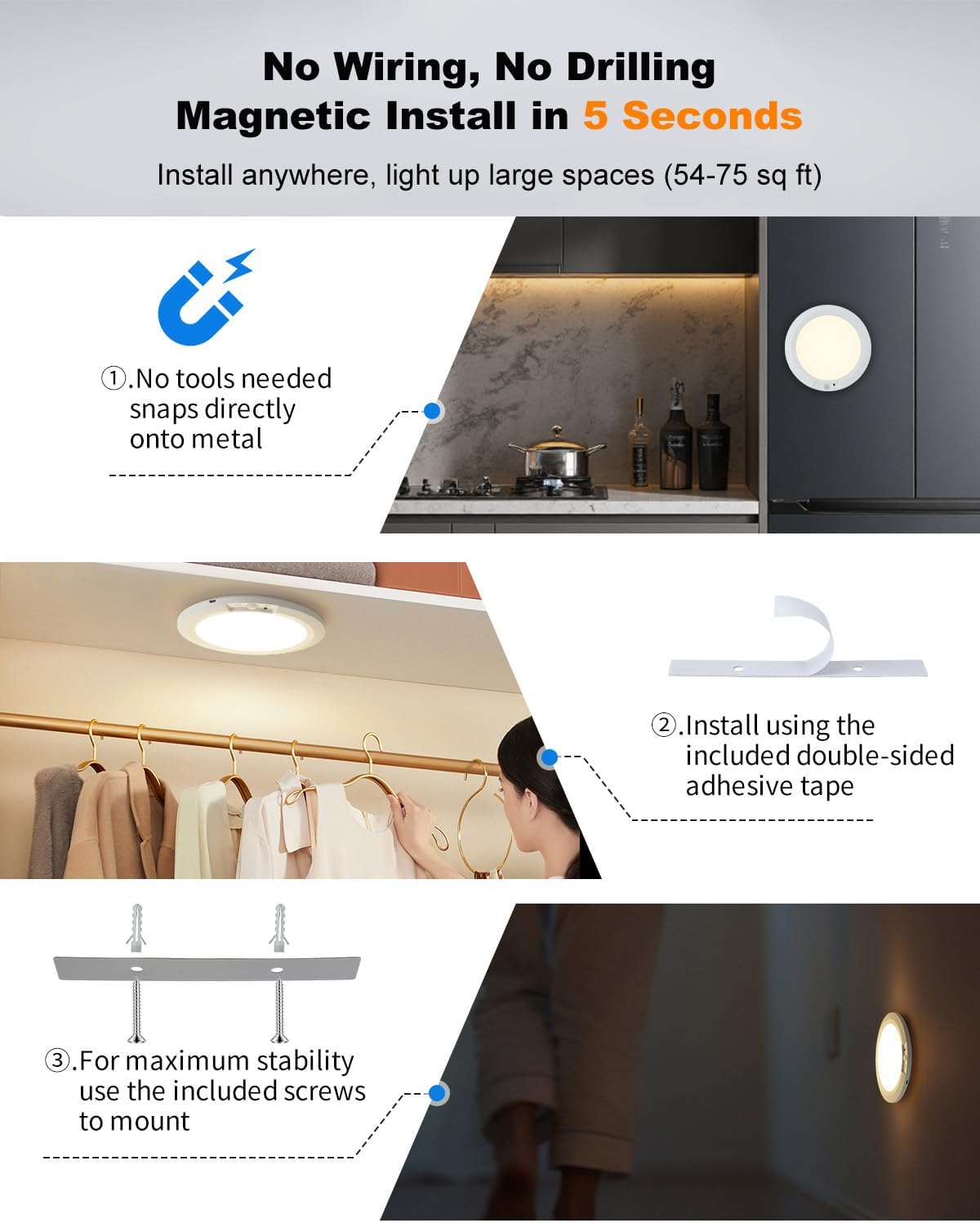 Detalle de APCENS HY-P05 Motion Sensor Ceiling Light, 2-Pack, 450 lm, USB-C Rechargeable