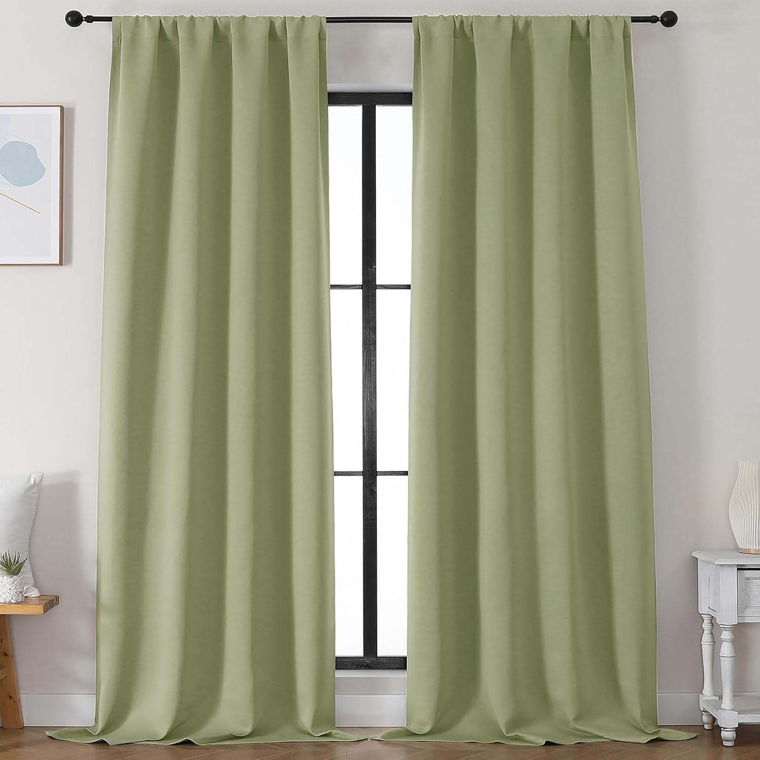 Detalle de Simplebrand Ava Sage Green Blackout Curtains – 2 Panels, 50 x 96 Inches, Sage