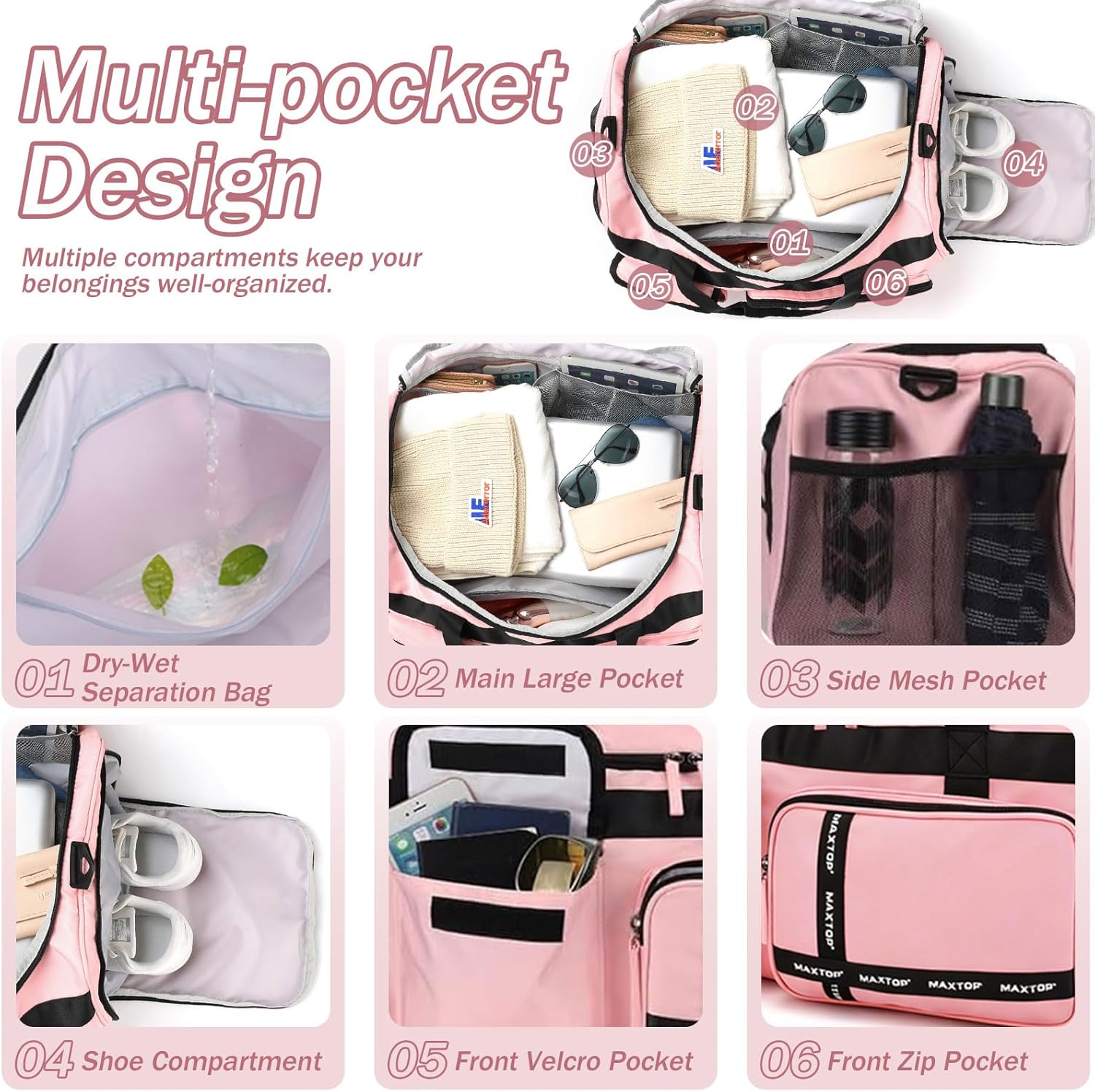 Detalle de MAXTOP Travel Duffle Bag for Women (Carry On Weekender) with Shoe Compartment and Wet/Dry Separation