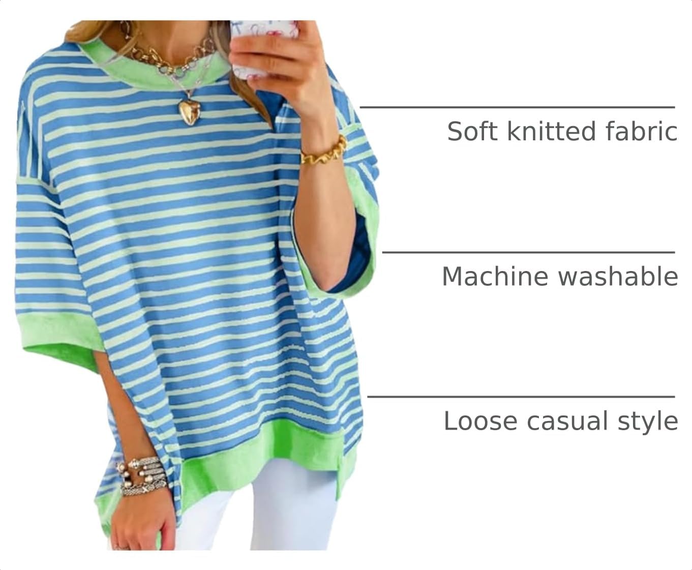 Detalle de SHEWIN Women's Casual Short Sleeve Crewneck Striped Sweatshirt Tee (Oversized)