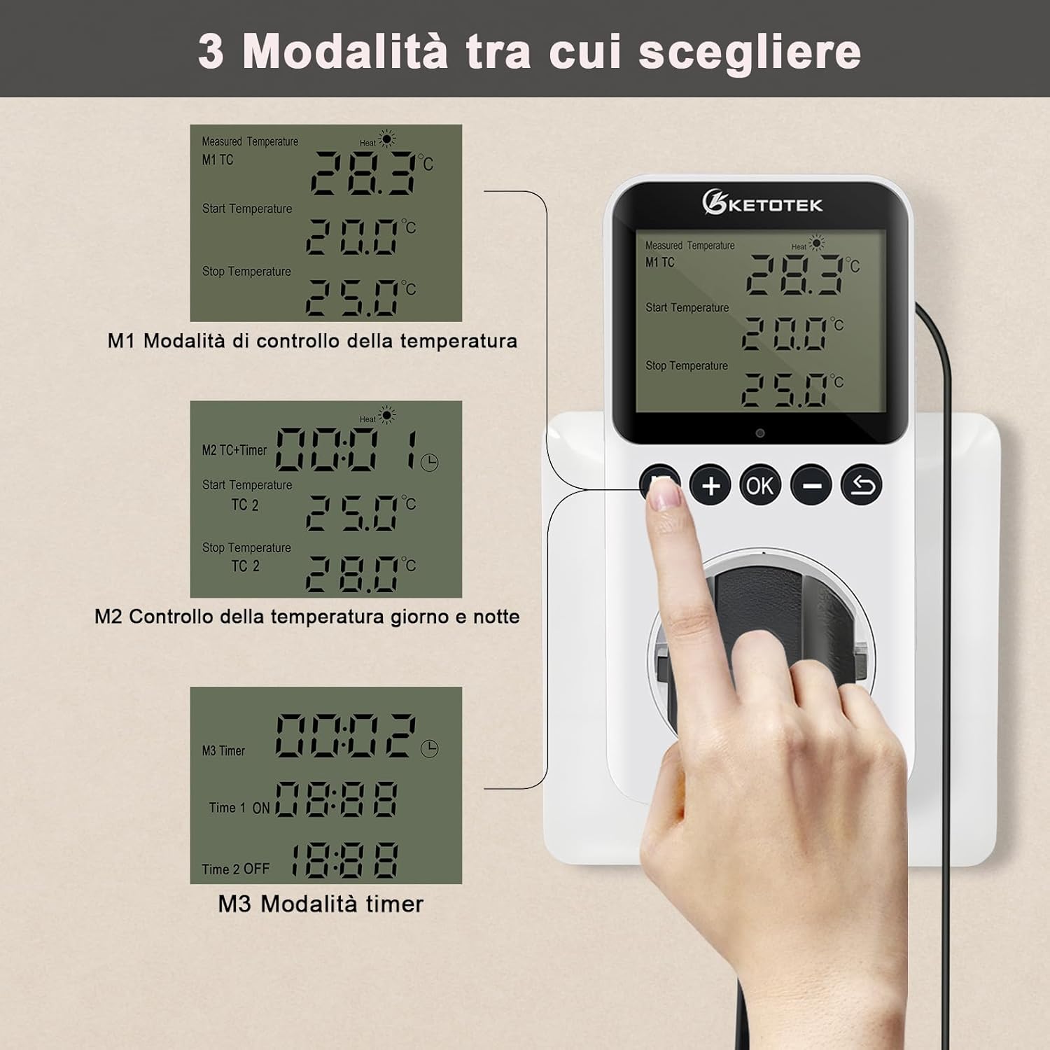 Thumbnail 2 de KETOTEK KT3200PRO presa termostato digitale con timer giorno/notte e sonda NTC 220V