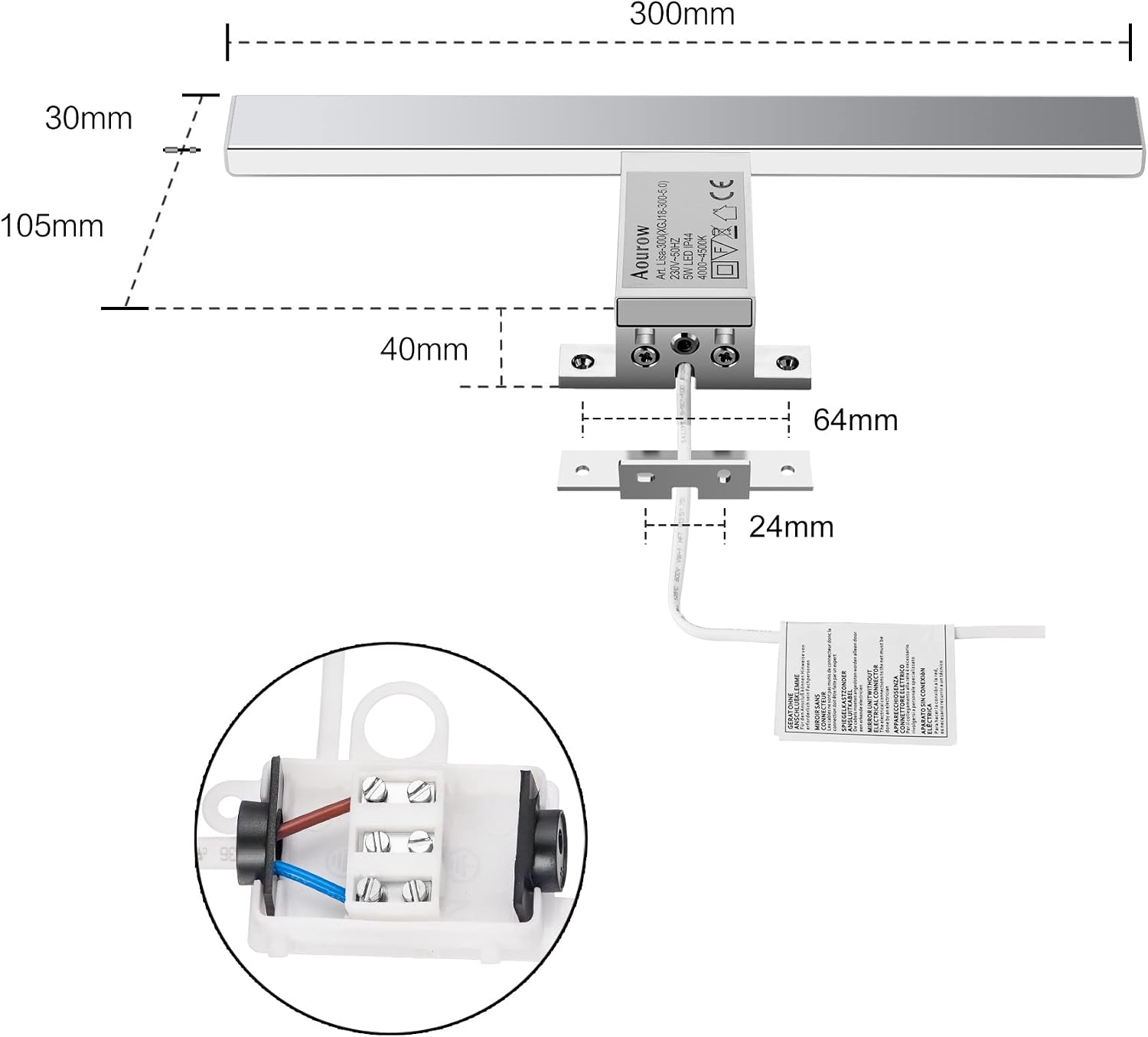 Detalle de Aourow XGJ-018-0300-5W ledspiegellamp 300 mm, 500 lm, IP44