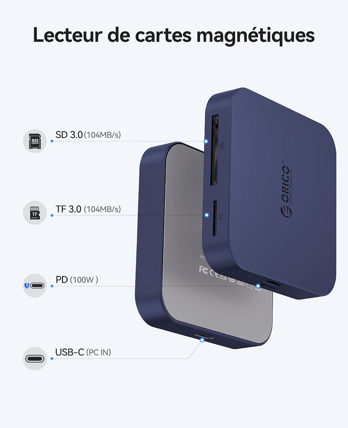 Thumbnail 1 de ORICO Magnétique lecteur carte SD USB-C 4-en-1 avec charge PD 100 W (bleu) – transfert jusqu’à 104 Mo/s
