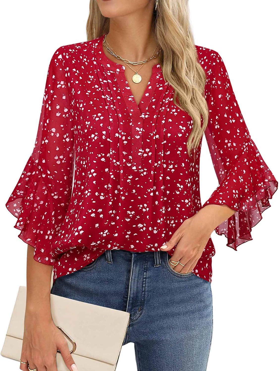 Detalle 2 de Timeson Women’s 3/4 Sleeve Dressy Casual Top (Henley V-Neck with Flounce Sleeves)