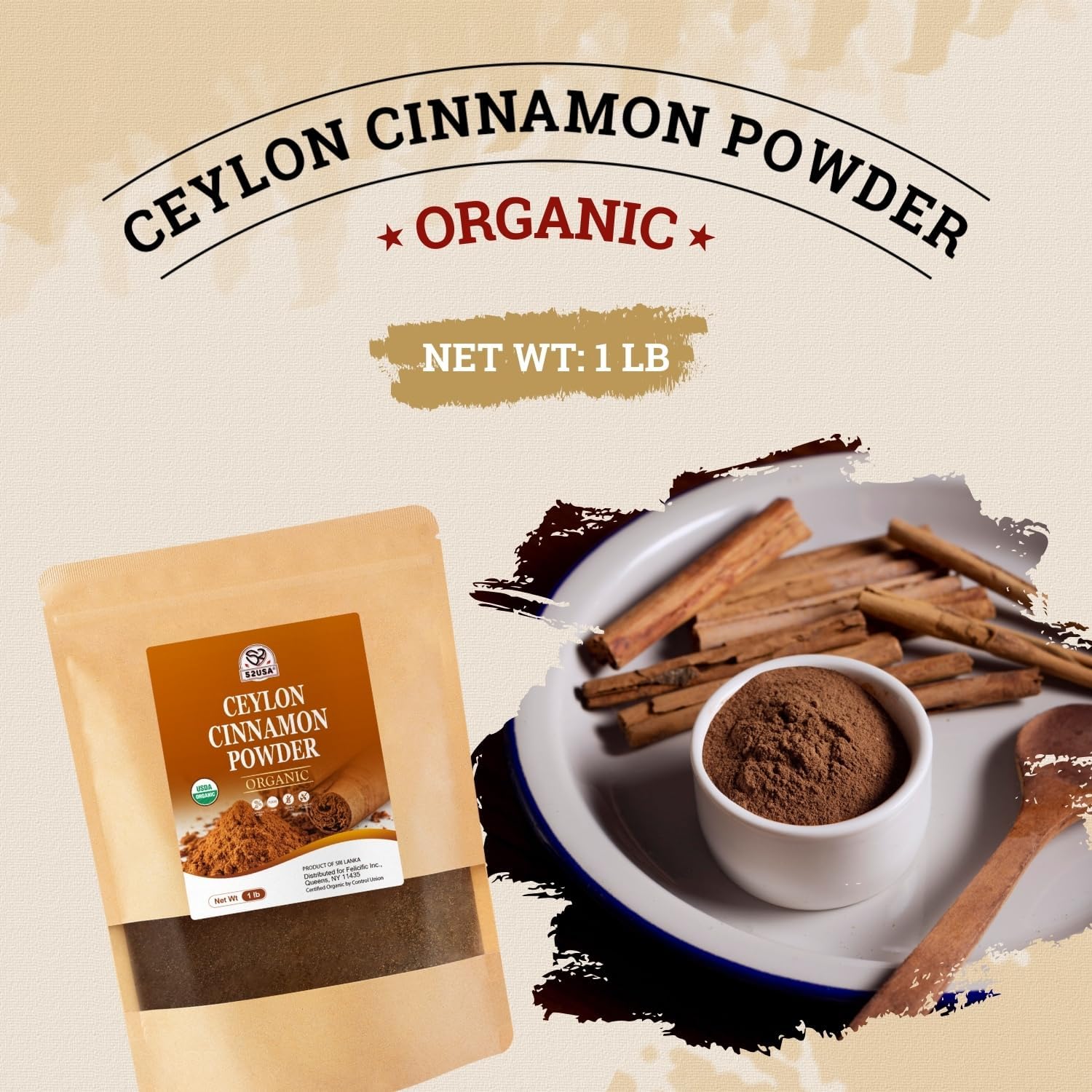 Detalle de 52USA Organic Ceylon Cinnamon Powder, 1 lb, Low Coumarin, USDA Organic