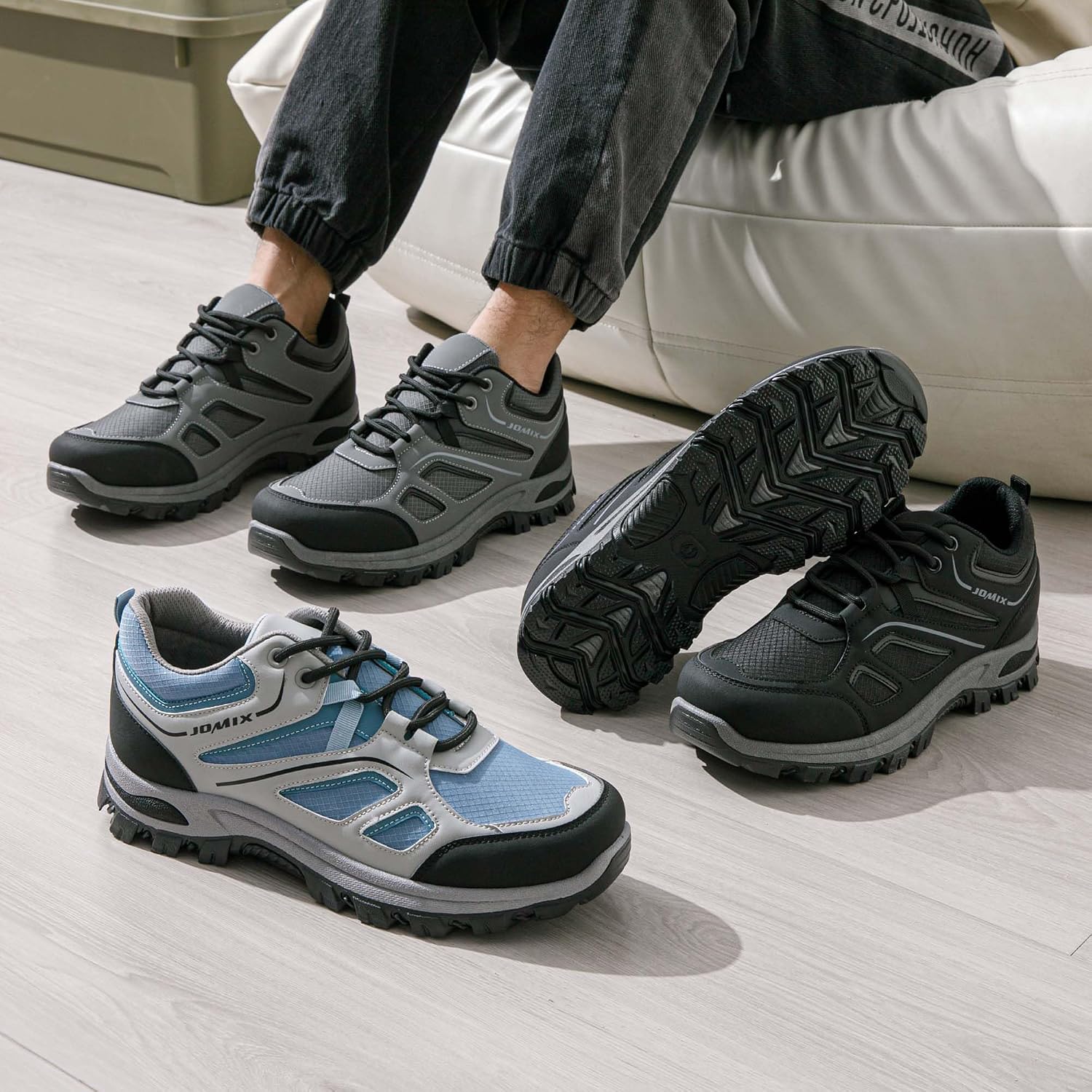 Detalle de JOMIX herenschoenen voor wandelen en dagelijks gebruik met antislipzool