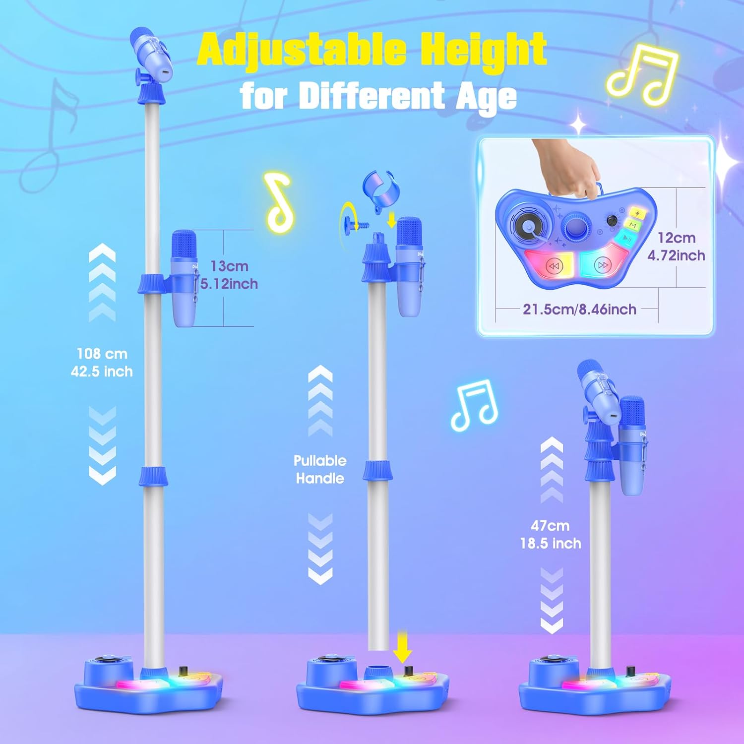 Thumbnail 6 de Karaoke Maschine mit zwei Mikrofonen für Kinder 3–12 Jahre – verstellbarer Mikrofonständer (47–108 cm) inkl. LED-Effekte