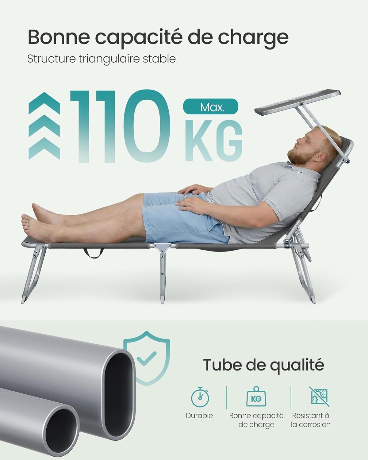 Thumbnail 6 de SONGMICS lot de 2 chaises longues pliantes avec pare-soleil réglable 360° et dossiers sur 4 positions (189 x 53 x 28,5 cm) – Gris GCB294GZ02