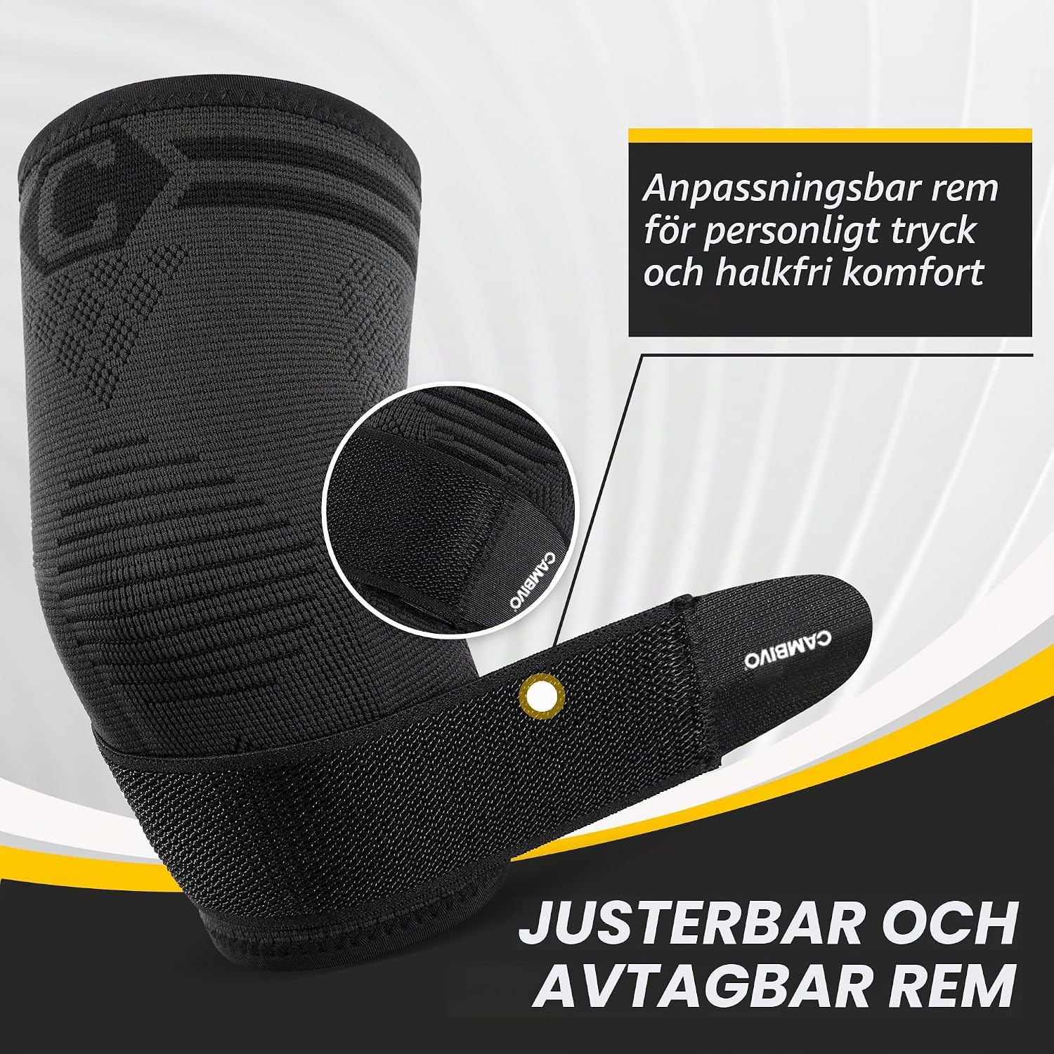 Detalle de CAMBIVO EB30 armbågsbandage med gelkuddar, justerbara remmar och 2-pack