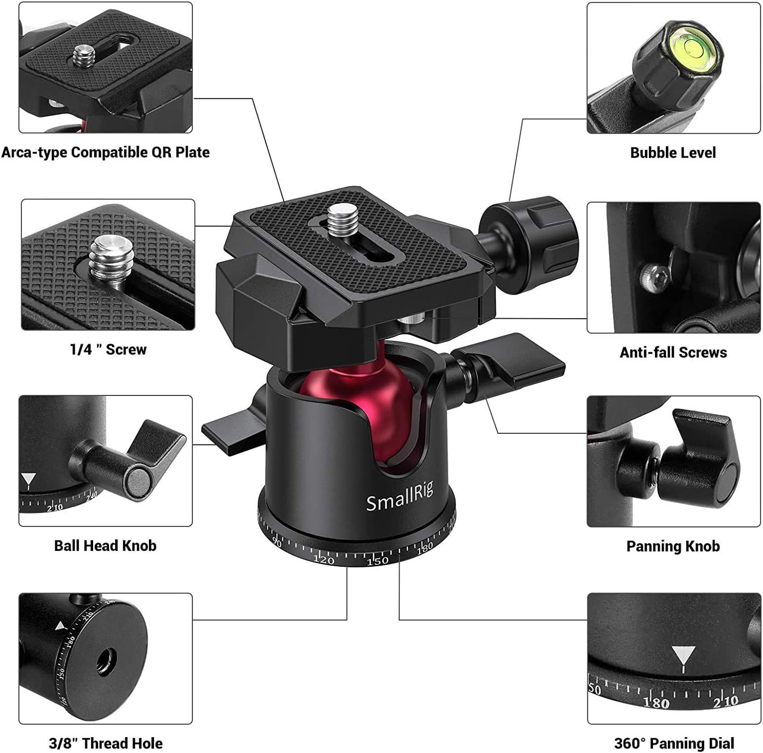 Detalle de SmallRig Mini treppiede da tavolo 2664 con piastra QR Arca e testa a sfera 360°