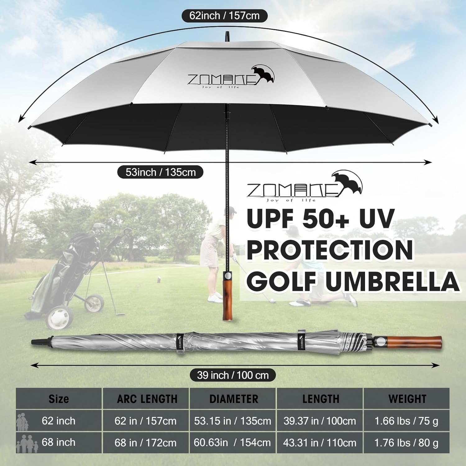 Thumbnail 1 de ZOMAKE Ombrelle Golf Anti-UV 62/68 Pouces – Grand Parapluie avec Double Canopée et Manche Bois Ondulé