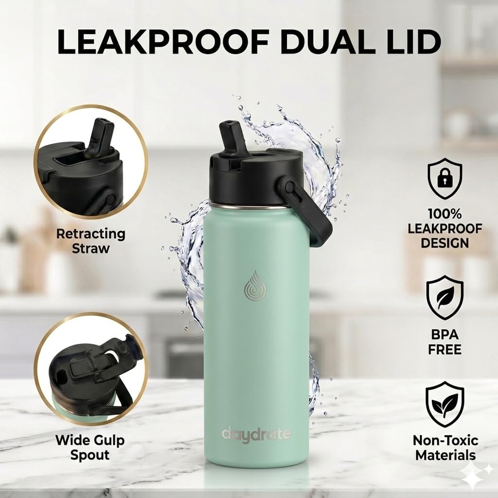 Thumbnail 2 de Daydrate Insulated 750ml Metal Water Bottle with Straw & Spout (Green)