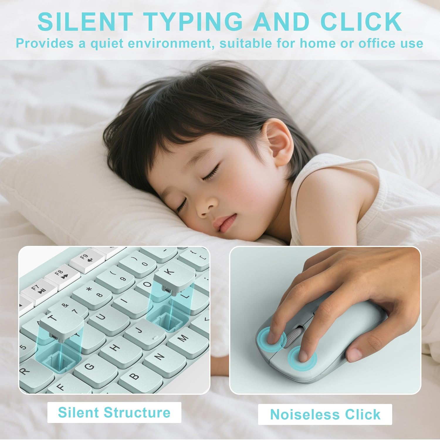 Detalle de RECCAZR Wireless Keyboard and Mouse Combo, Full-Size, Quiet, Mint Green