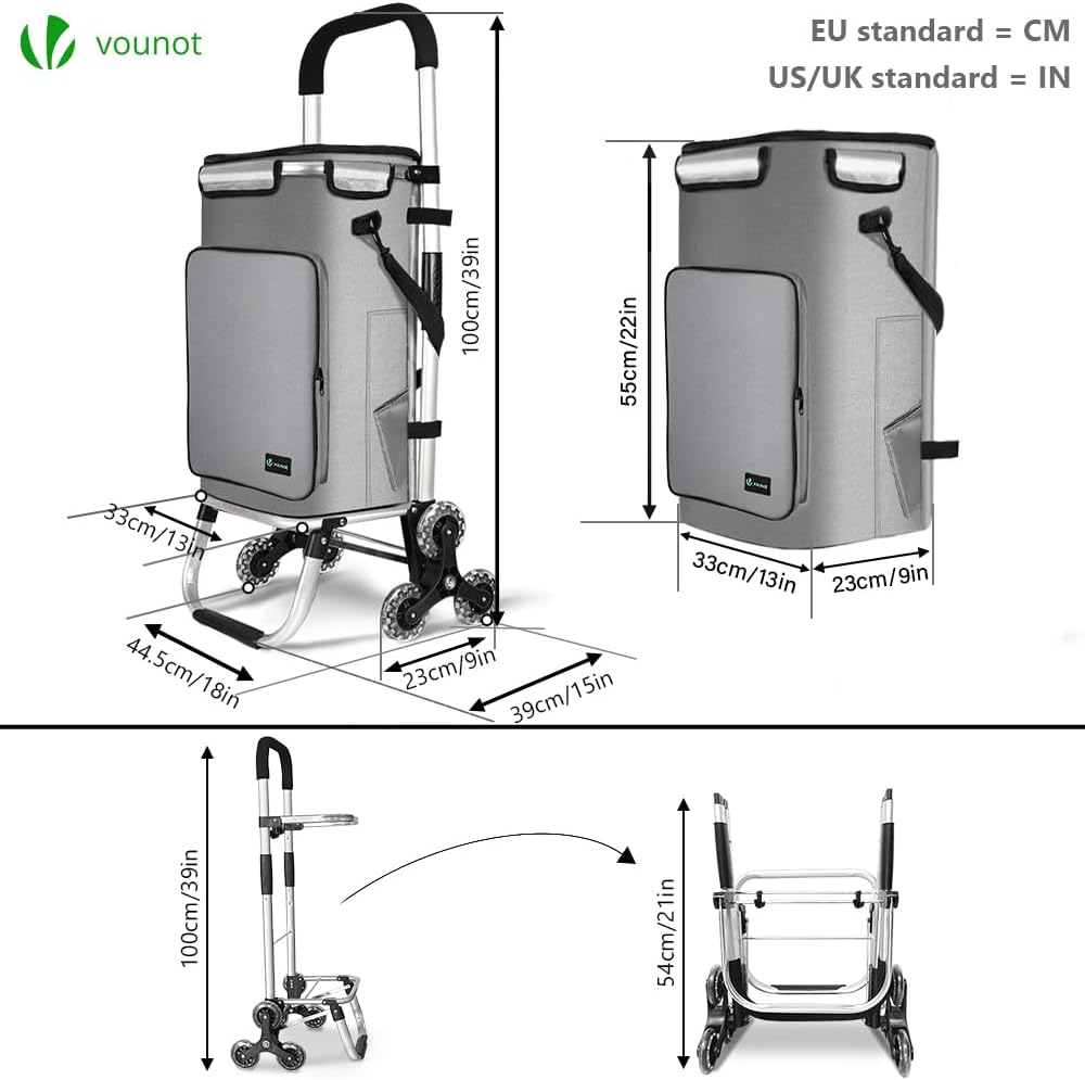 Detalle de VOUNOT Carrello Spesa Pieghevole in Alluminio: 6 Ruote, Borsa Termica da 60 L e Dettagli Riflettenti