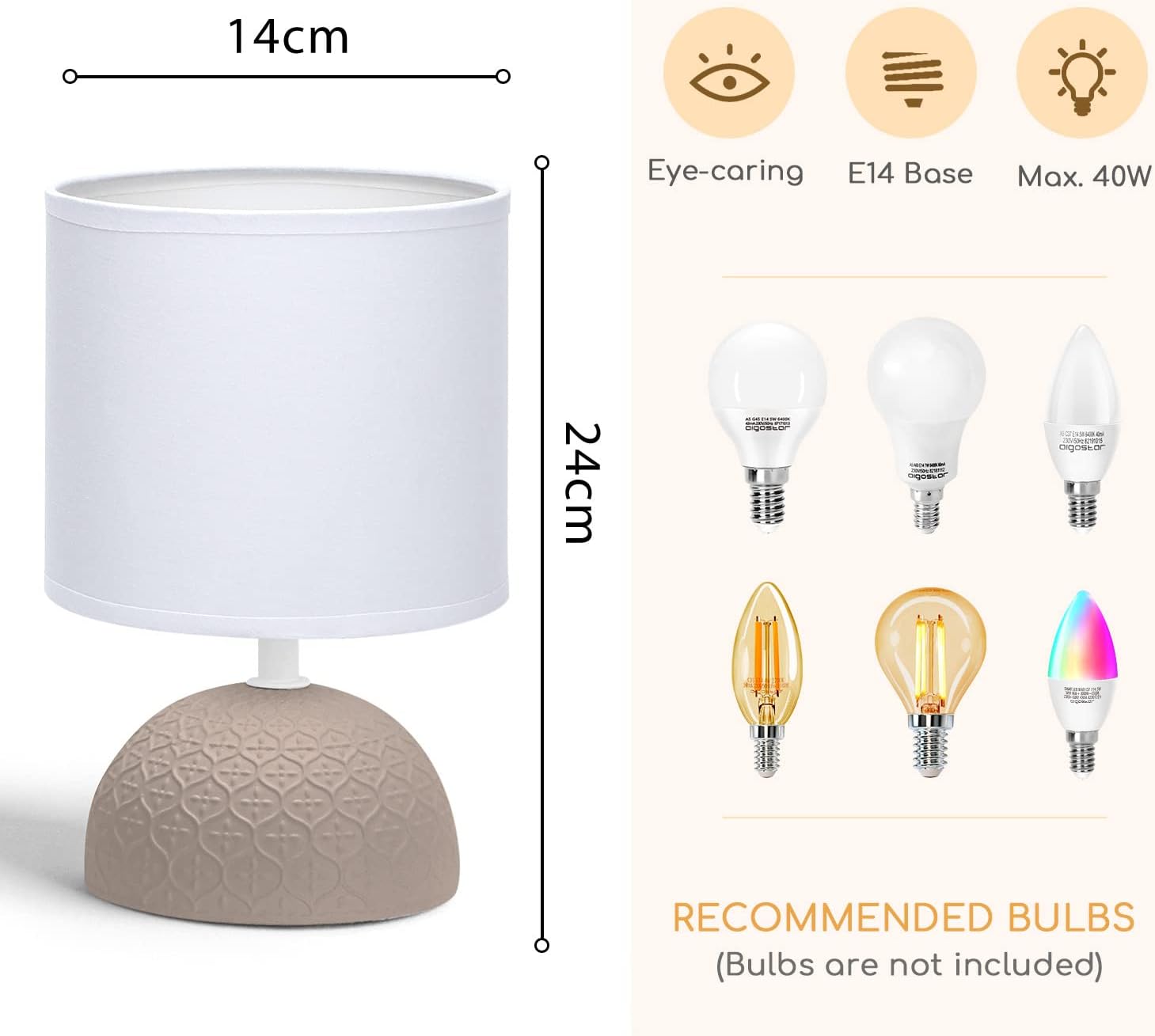 Thumbnail 3 de Aigostar lampada da tavolo in ceramica con paralume in tessuto e attacco E14 (H24 cm, marrone scuro)