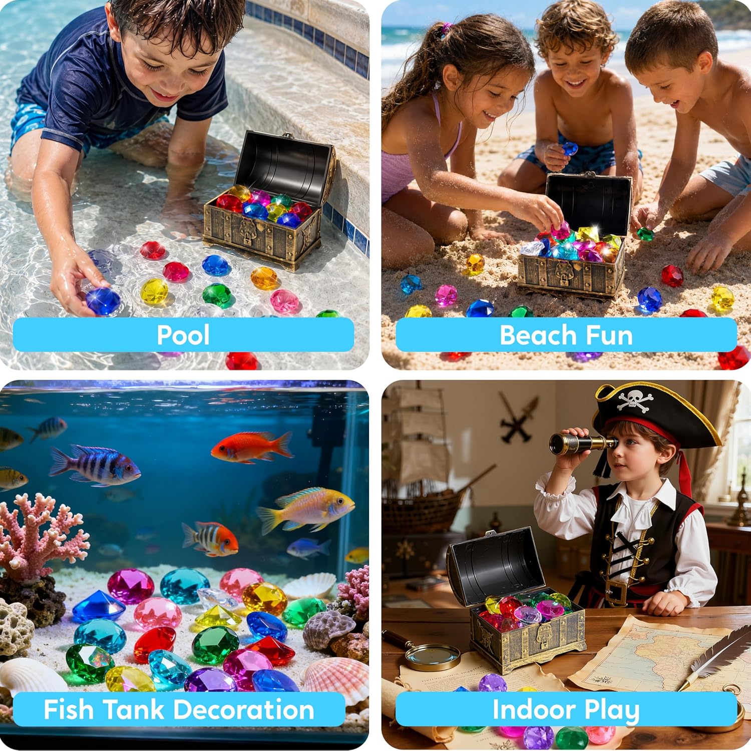 Thumbnail 6 de Sloosh Diving Gems Pool Toys: 16 Big Colorful Diamond Gems with Pirate Treasure Chest (Acrylic Dive & Swim Game)