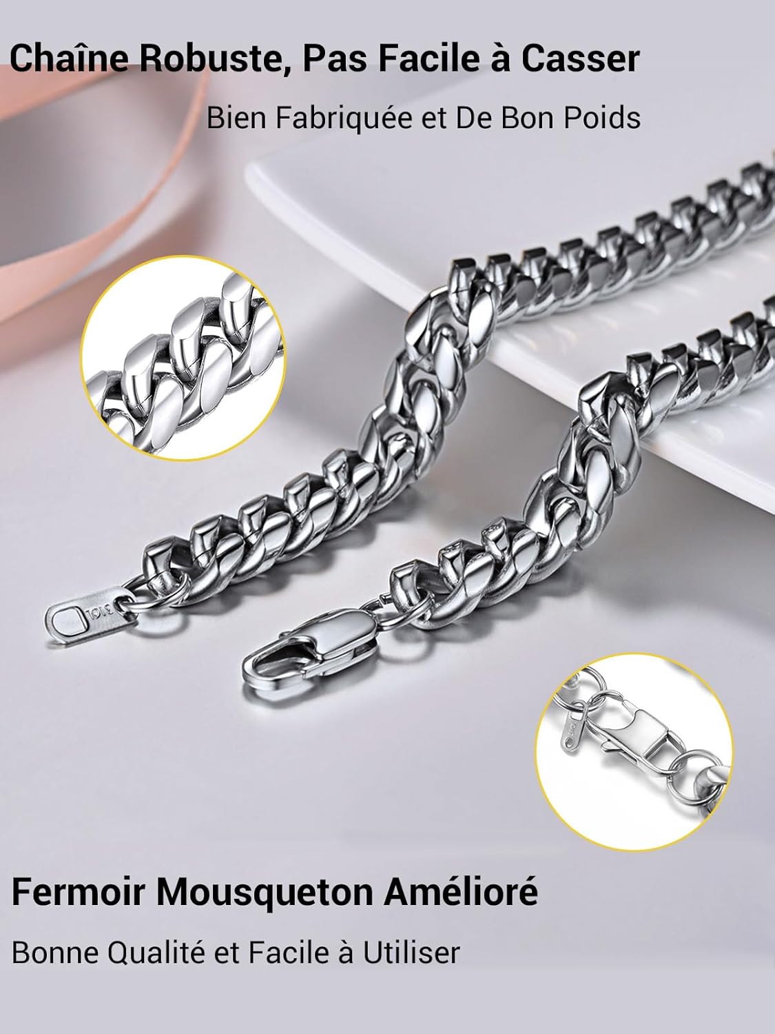 Thumbnail 5 de PROSTEEL Chaîne collier homme à maillons gourmette en acier inoxydable 316L / plaqué or noir – largeurs 4,8 à 14 mm