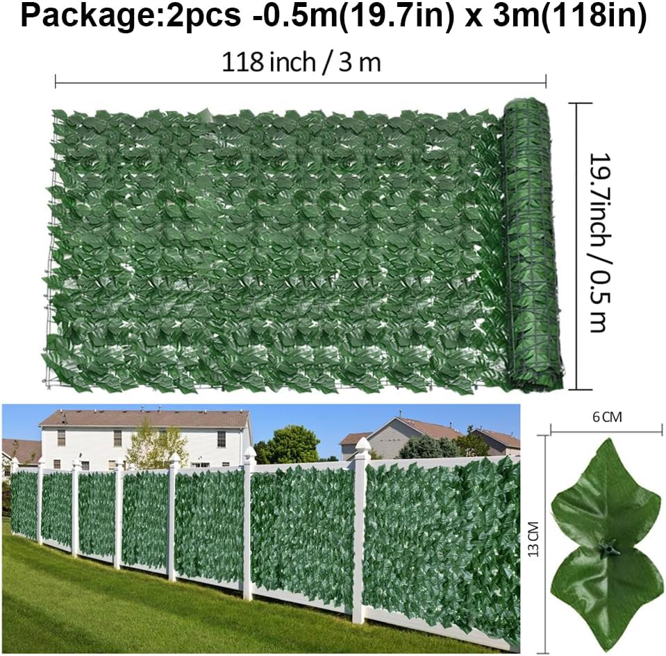 Detalle de Decorative Artificial Ivy Fence Screening 0.5m x 6m (2pcs - 0.5m x 3m) Garden Fence Faux Leaf Hedge