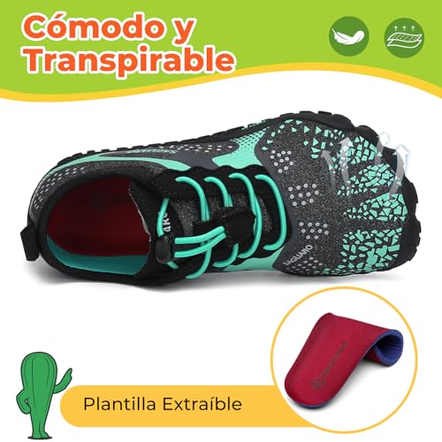 Detalle de SAGUARO Barefoot Zapatillas Niño Minimalistas — Zapatillas de deporte para niños, suela antideslizante y diseño de cinco dedos, Verdes, Gr.31