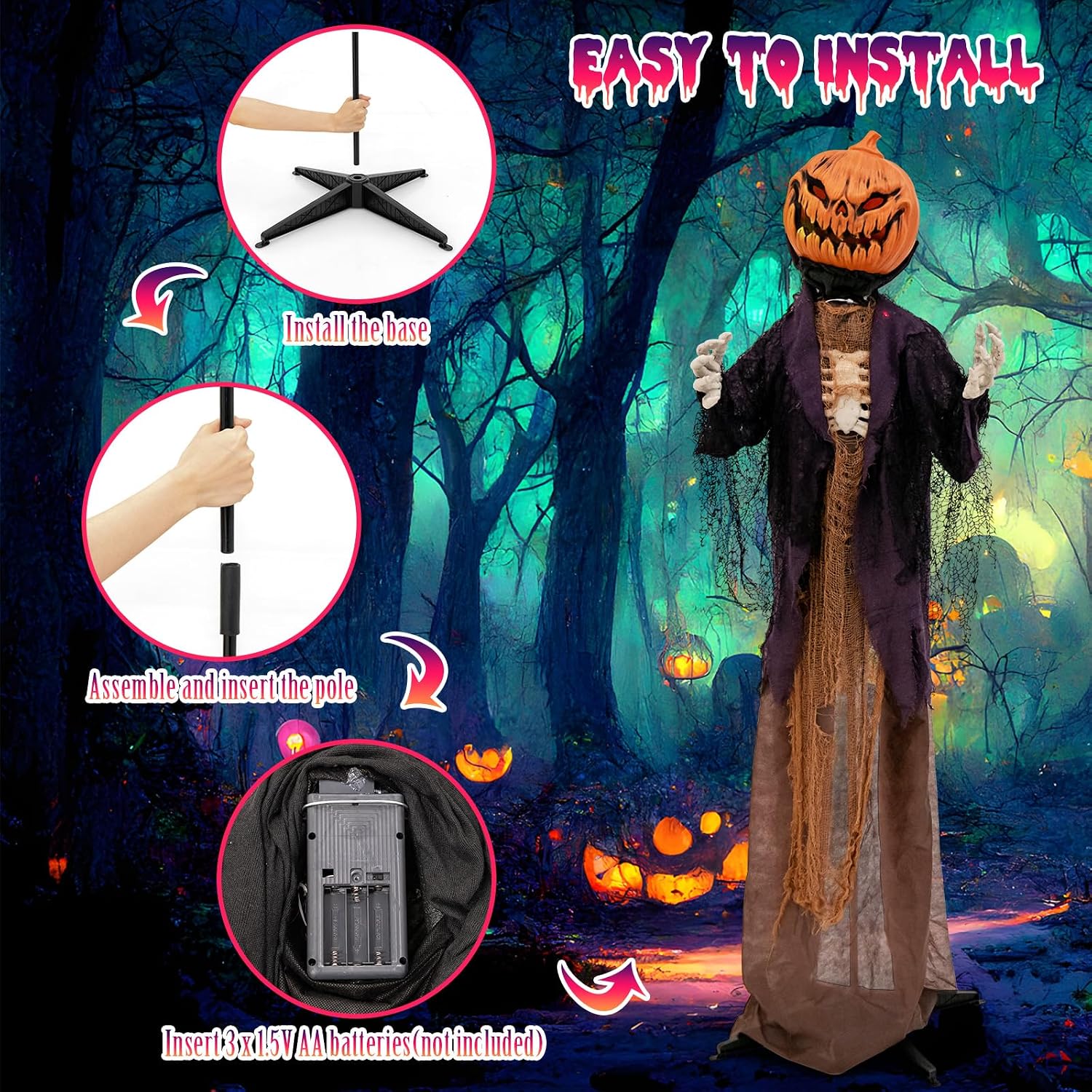 Detalle 2 de Tangkula AM7608HM 5.6-Ft Animated Pumpkin Scarecrow with Green Eyes