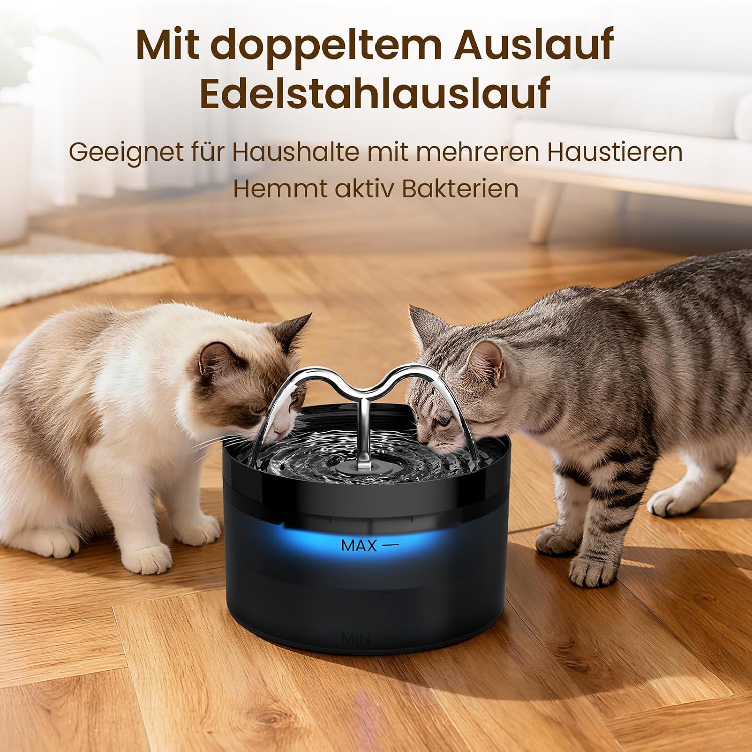 Detalle de DOOOB Katzentrinkbrunnen, 2,1L – Edelstahl, leise Pumpe, inkl. 6 Filter & 6 Schwämme