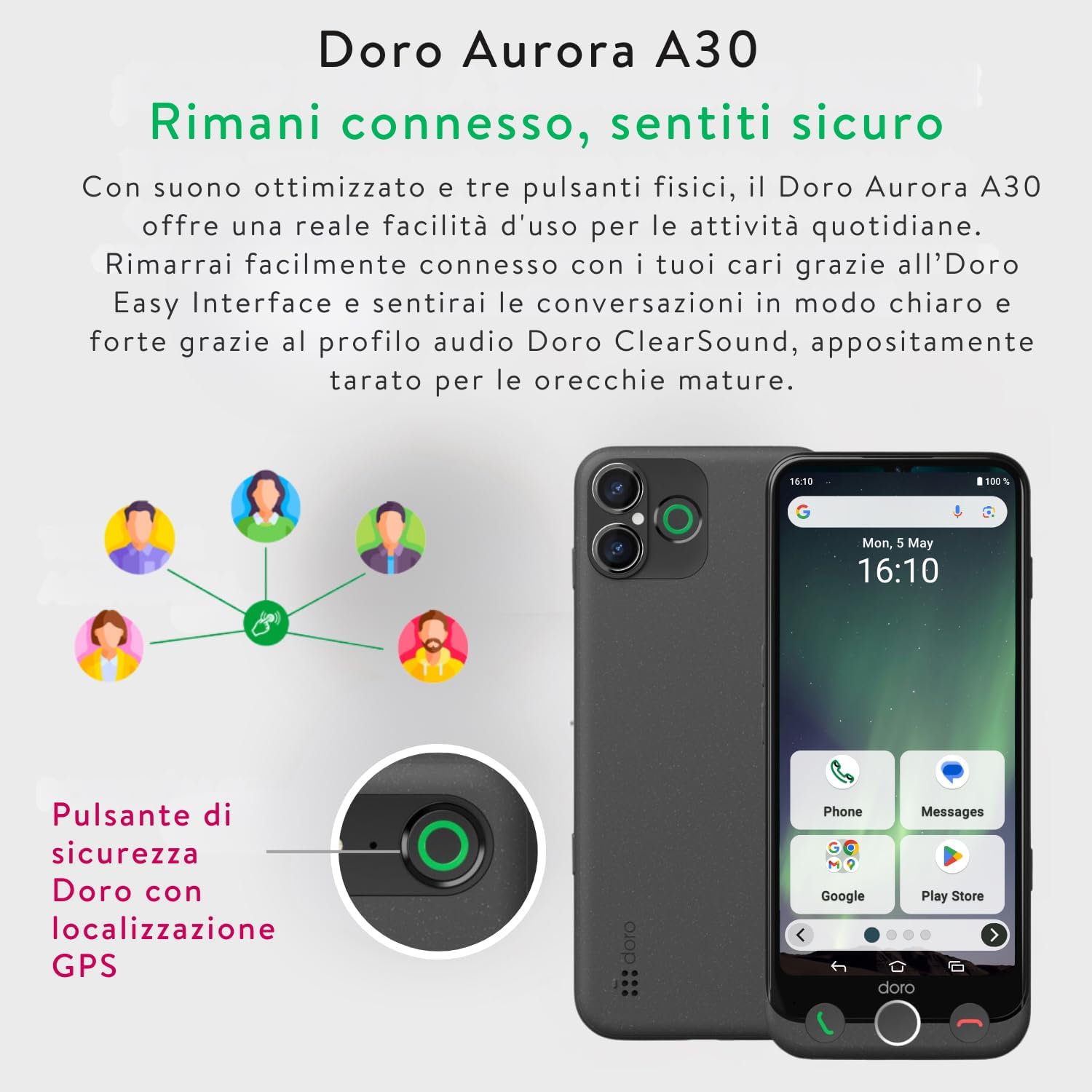 Detalle de Doro Aurora A30: telefono cellulare senior con assistenza GPS e suono chiaro