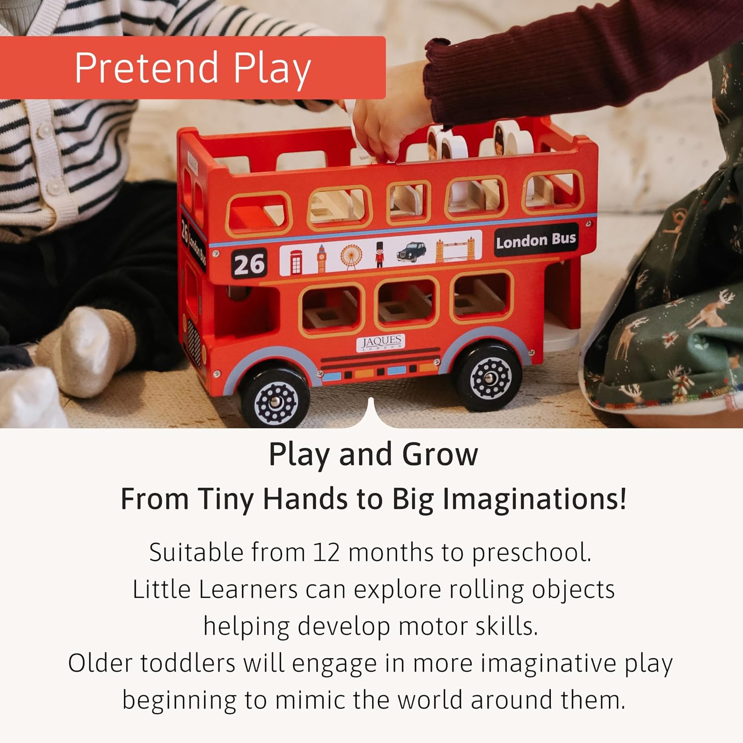 Thumbnail 4 de Jaques of London red double decker bus toy for 2 year olds (wooden wheels-on-the-bus style)
