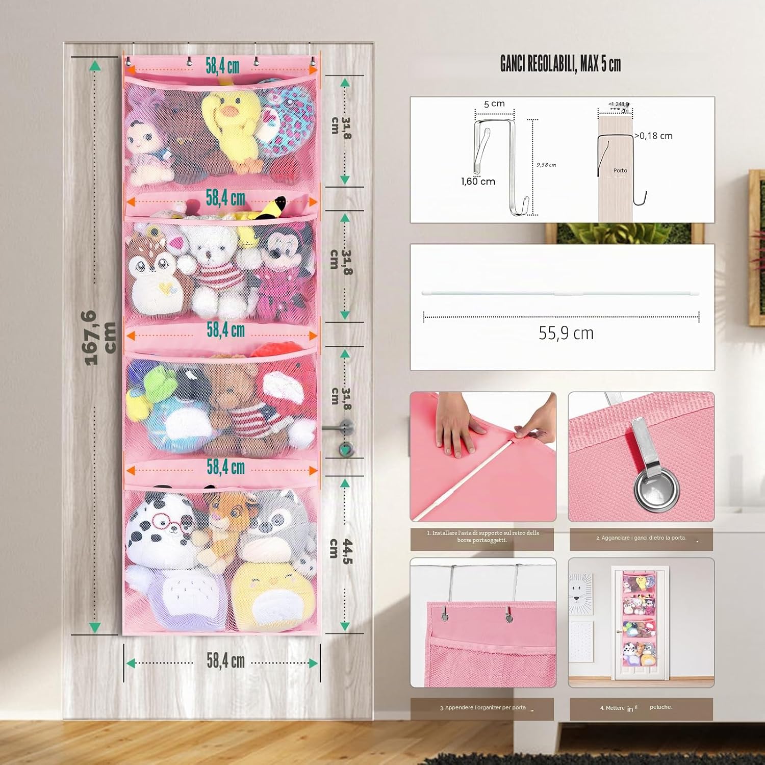 Thumbnail 4 de Organizzatore Per Portaoggetti Per Animali Di Peluche: Organizer A Rete da Appendere per Camerette e Bagno