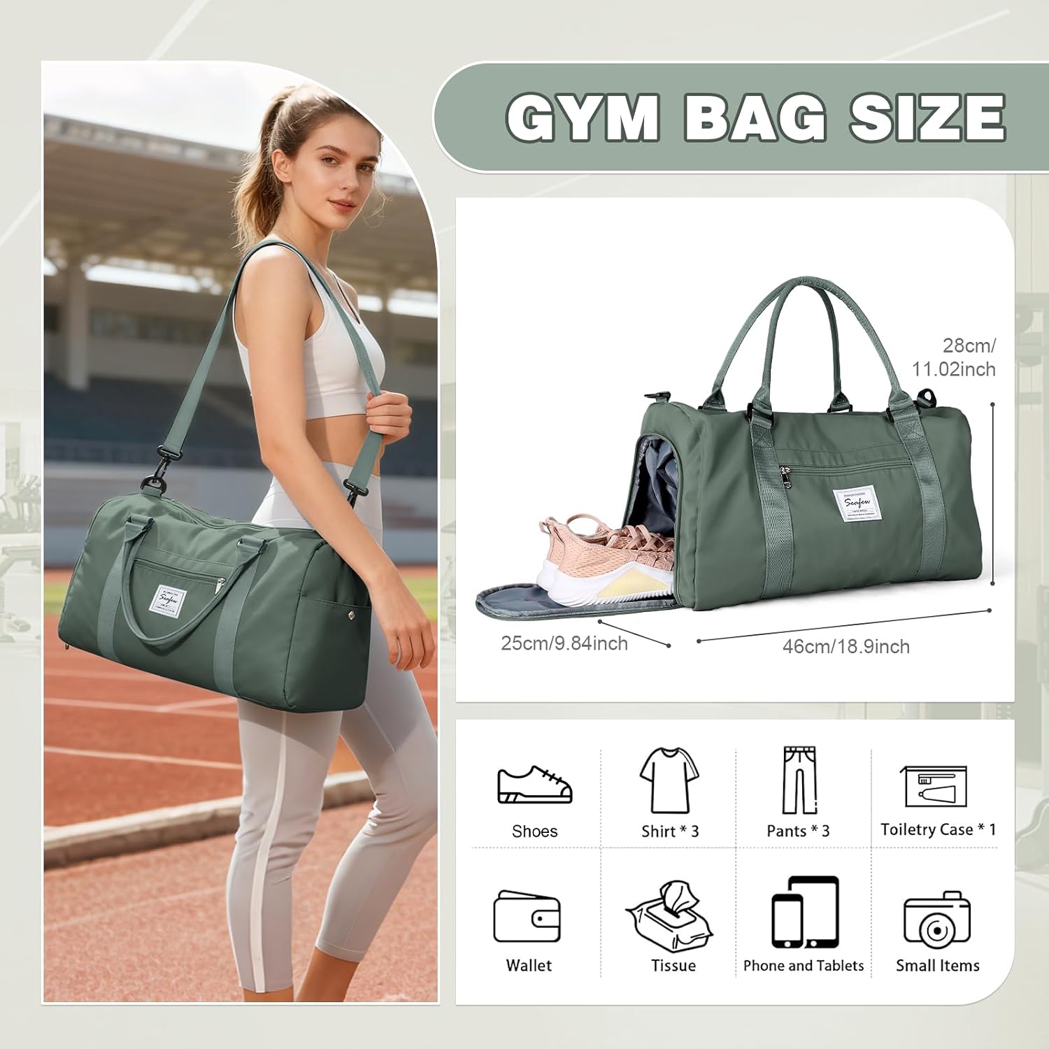 Thumbnail 2 de WEPLAN Waterproof Gym Bag with Wet Pocket and Separate Shoe Compartment – Army Green
