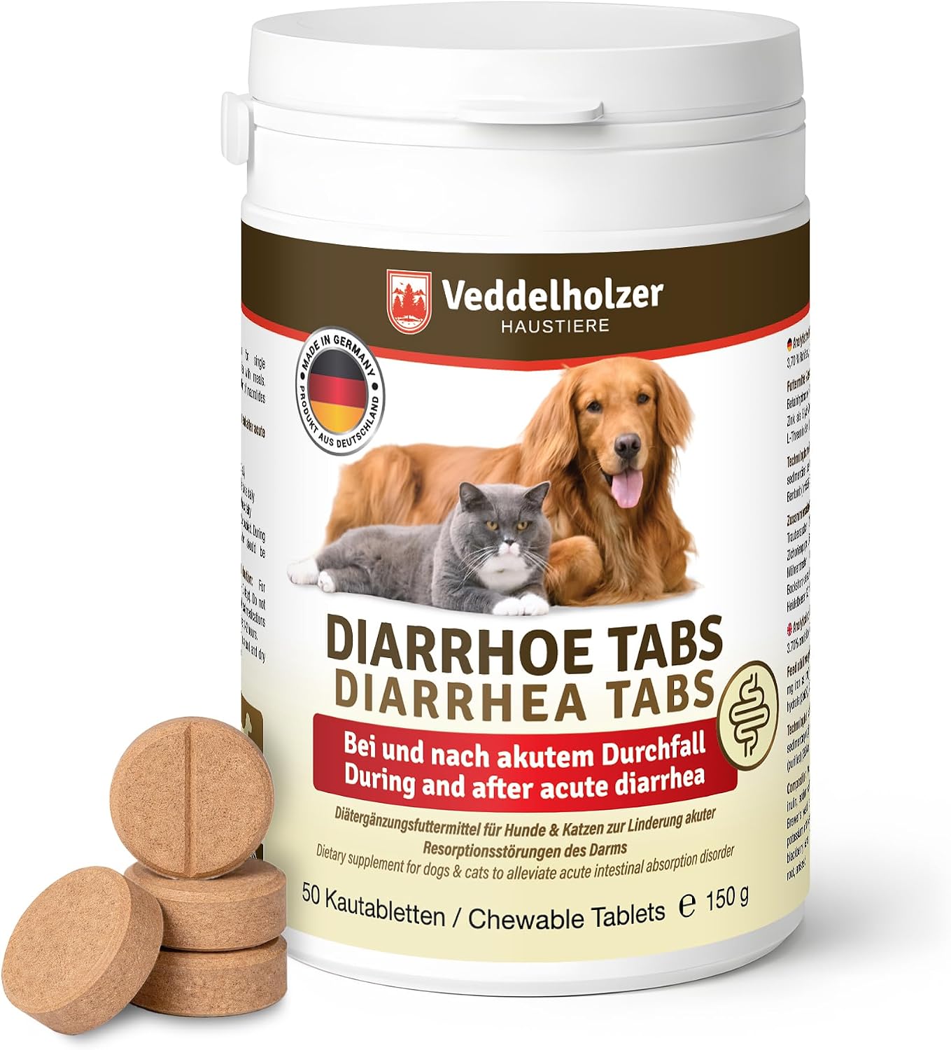 Veddelholzer 50 Diarrhoe Kautabletten – Diät-Ergänzungsmittel für Hunde & Katzen mit Präbiotika & pflanzlichen Inhaltsstoffen