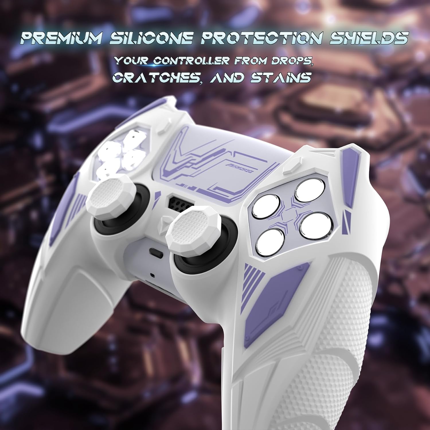 Thumbnail 5 de PlayVital Mecha Rhino Silicone Cover for PS5 Controller (White & Light Violet) with Thumb Grips & Stickers