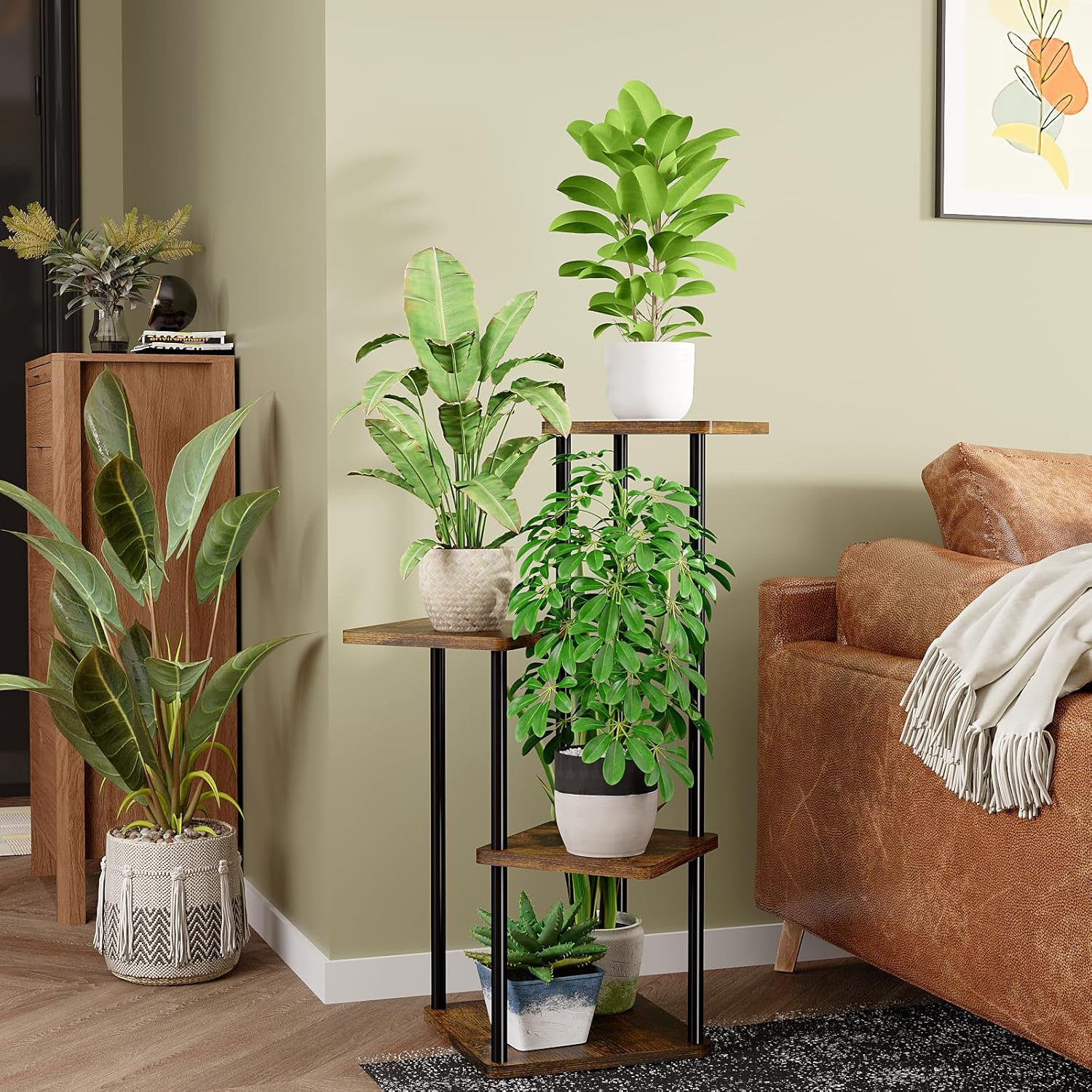Detalle 2 de Bamworld Pflanzenständer aus Metall, 4 Etagen – Eck-Blumenregal für Indoor & Outdoor