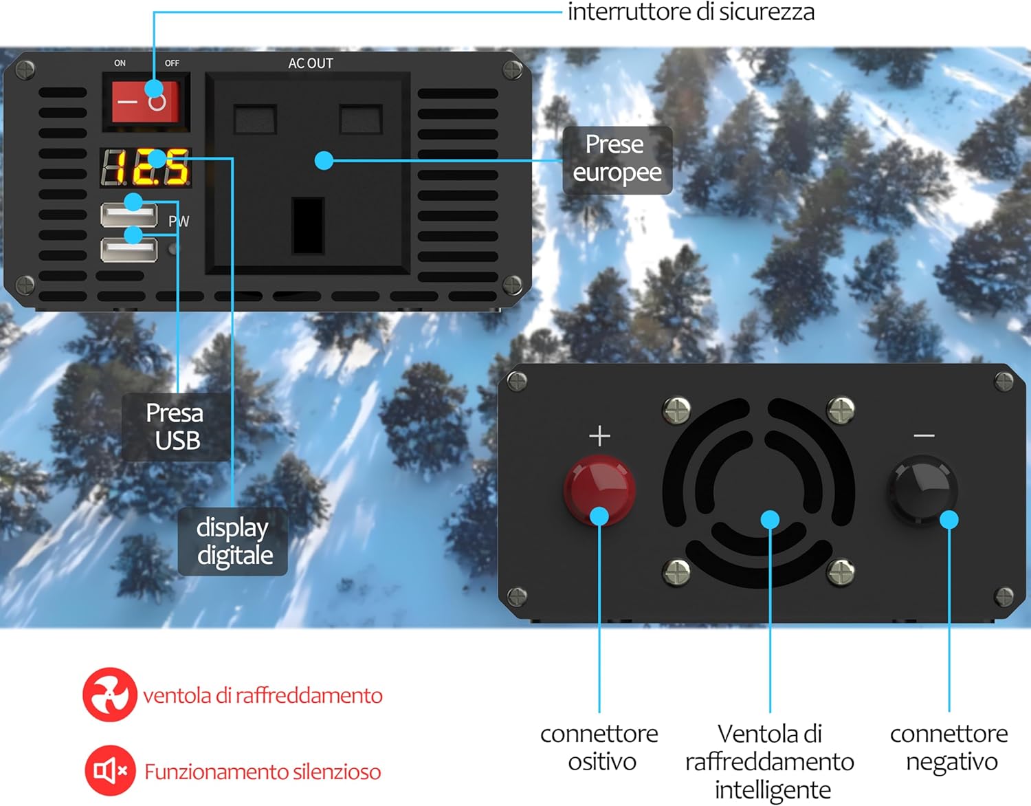 Thumbnail 5 de 1000W 12V to 240V Pure Sine Wave Inverter with Dual USB 3.1A, LED Display and 6 Protections