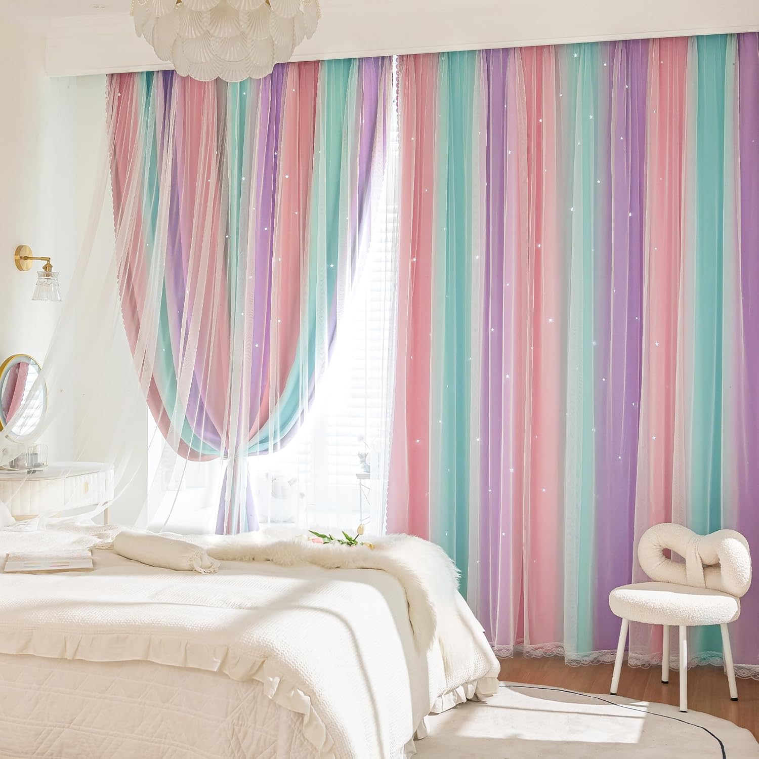 Thumbnail 1 de XiDi Rainbow Unicorn Curtains for Girls Bedroom — 2 Panels, 34" Wide x 63" Long, 80% Blackout, Grommet Drapes with Star Tulle (Pink/Purple/Green)