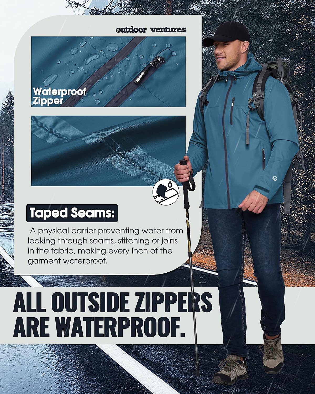 Detalle 2 de Outdoor Ventures Regenjacke Herren – Wasserdicht, Atmungsaktiv, Packbar