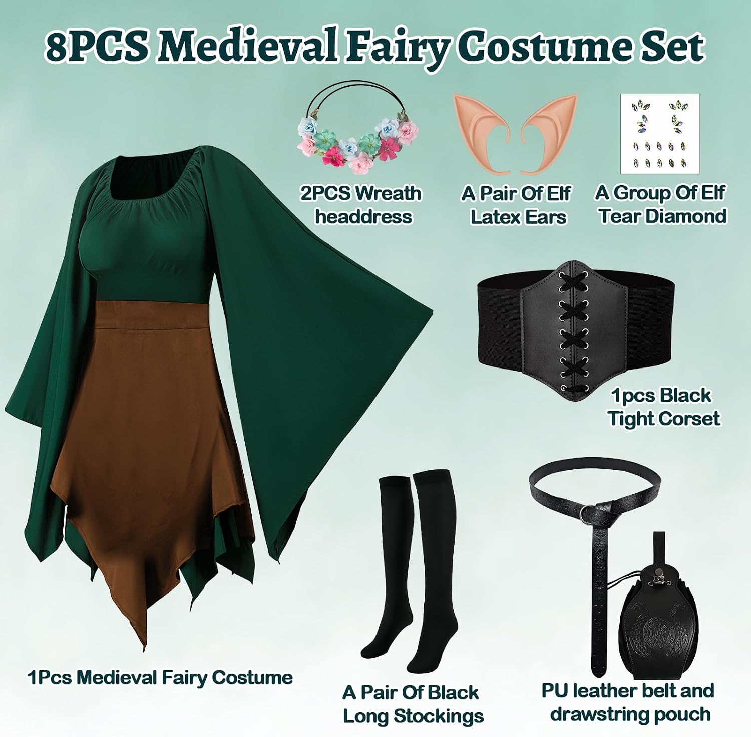 Detalle de HODBLKT Women’s Elf Costume, 8-Piece Renaissance Irish Dress Set