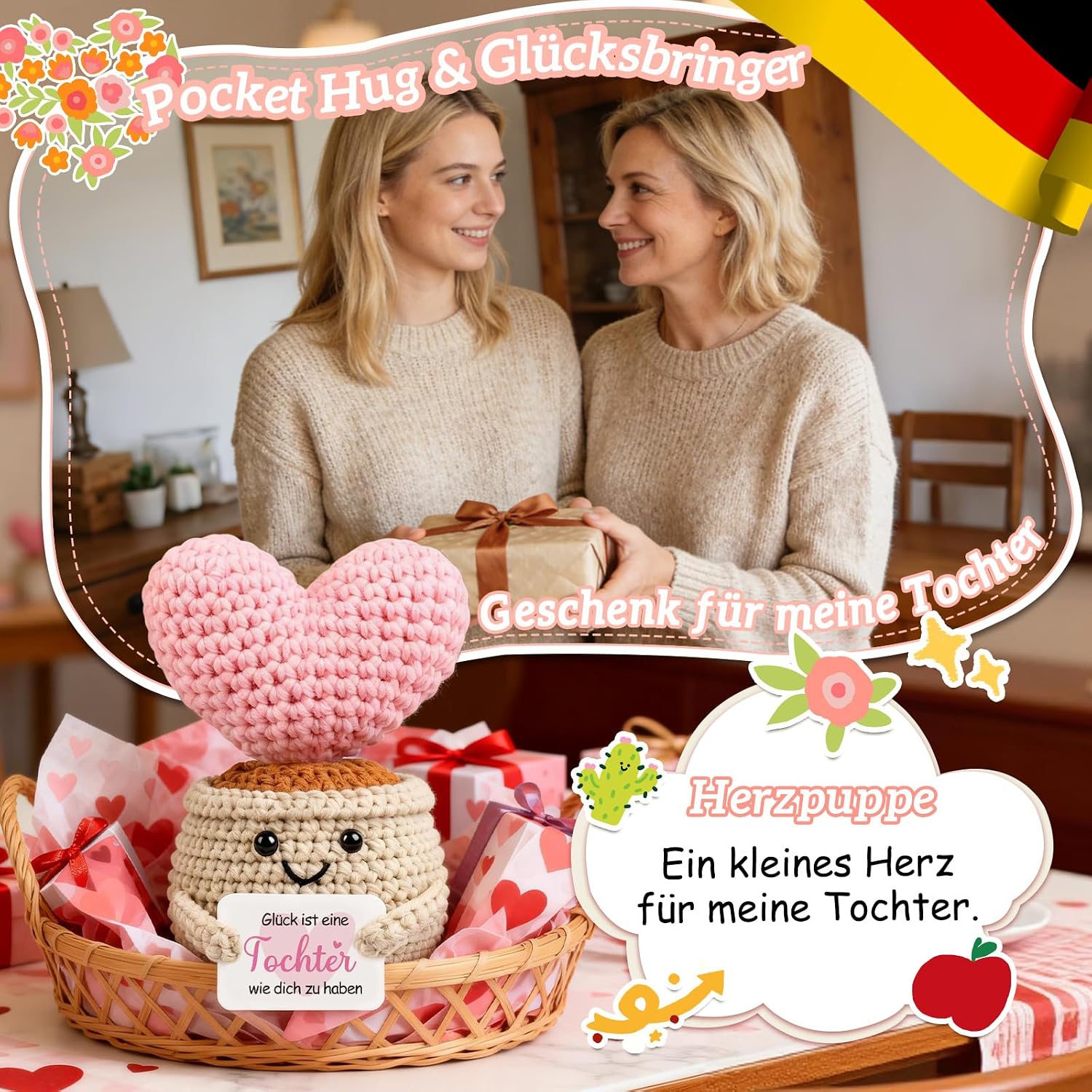 Detalle de Giftota Geschenk für Tochter von Mama – Handgehäkeltes Pocket Hug Herz mit Botschaft