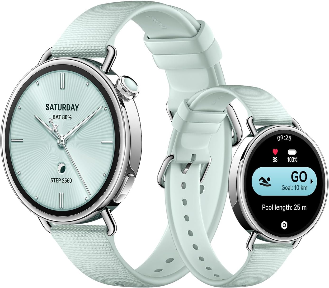 Detalle de Xiaomi Watch S4 41mm (Mint Green) — ultra-lightweight smartwatch with cycle prediction and Safety Guardian